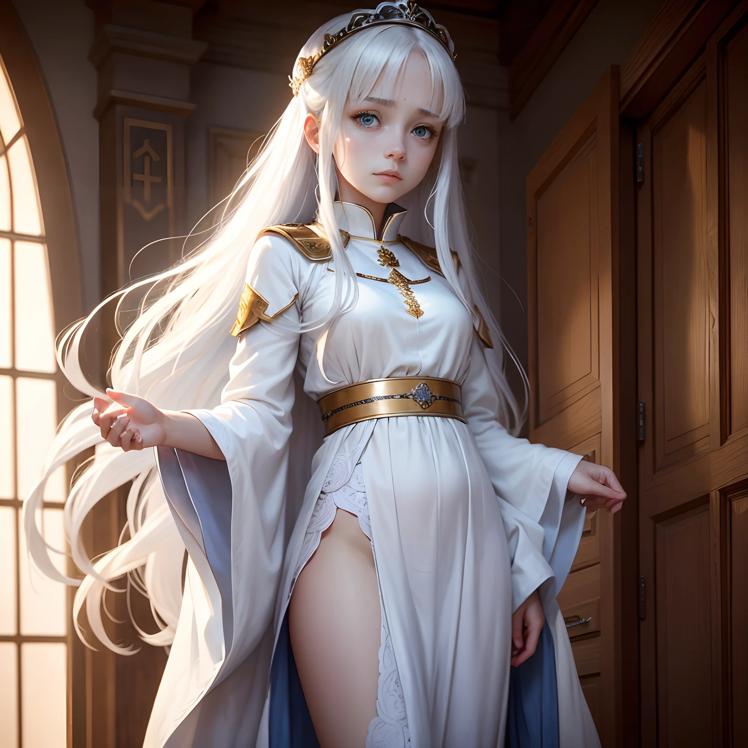 In the background in house, a beautiful girl name is Lisa, 18 year old with blue eyes, long white hair, wearing a white tunic is sad, As emperor, Remembering a person, Panic