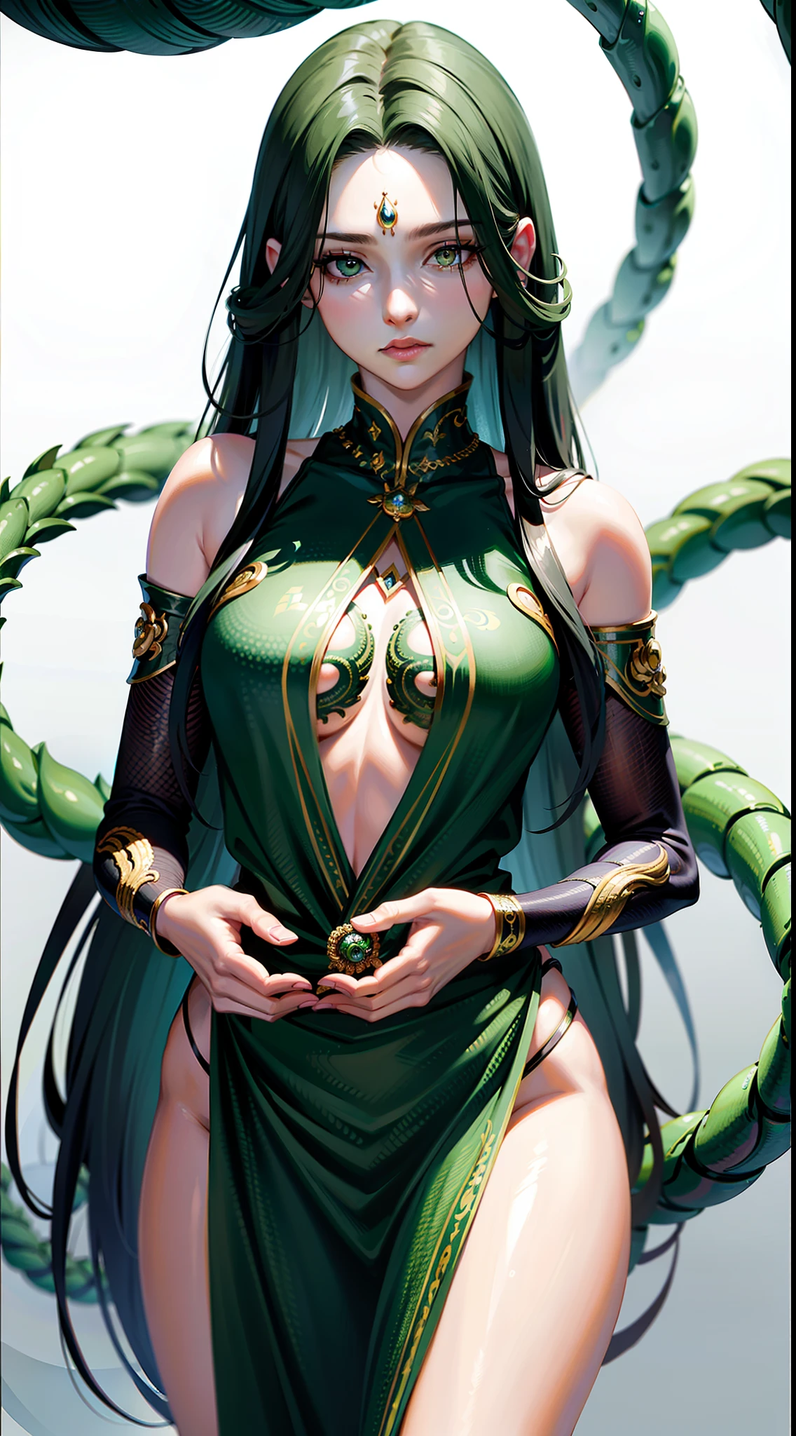 ((best quality)), ((masterpiece)), ((realistic)), Medusa, full body, the hair is composed of countless small snakes, green eyes, female face, metal carved top, royal aura, trend on artstation , sharp focus, studio photo, intricate detail, very detailed, detailed eye, illustration, very detailed, sharp focus, digital render, professional, 4k