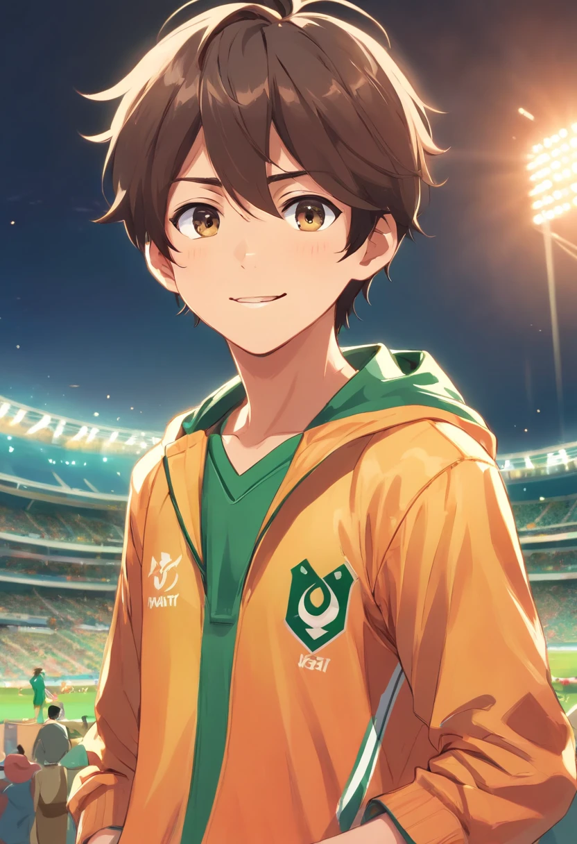 A boy Supporting Pakistan Cricket Team, At Home, transformed into an anime style, with exaggerated unique facial features and clothing, backlit background highlighting the subject, high-contrast colors, 4K high-definition quality，young, smiling, handsome