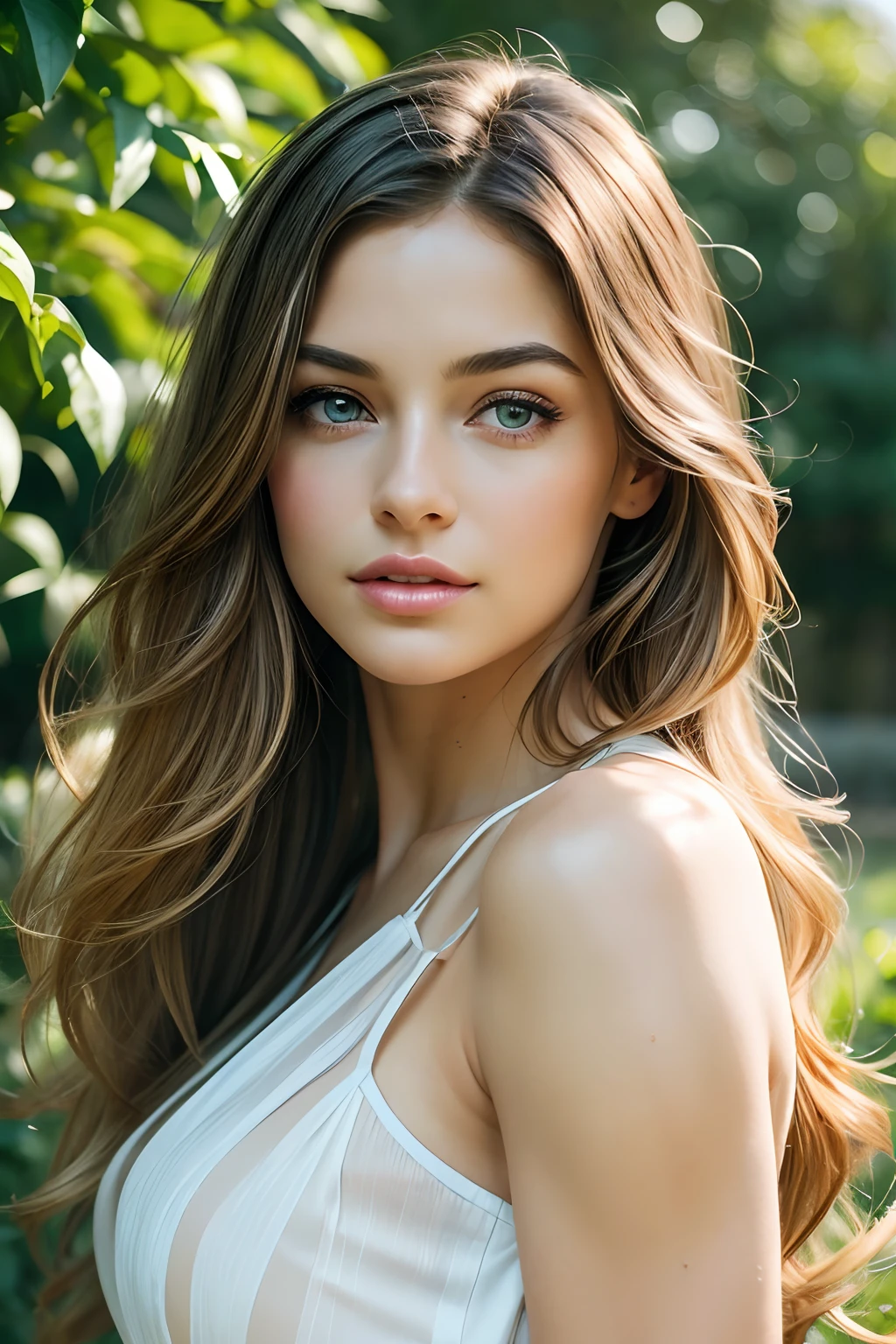 (best quality,ultra-detailed,realistic:1.37),girl leaning forward, dainty face, beautiful expressive eyes, delicate lips, long eyelashes, flowing hair, vibrant colors, soft lighting, garden atmosphere, summer dress, graceful pose