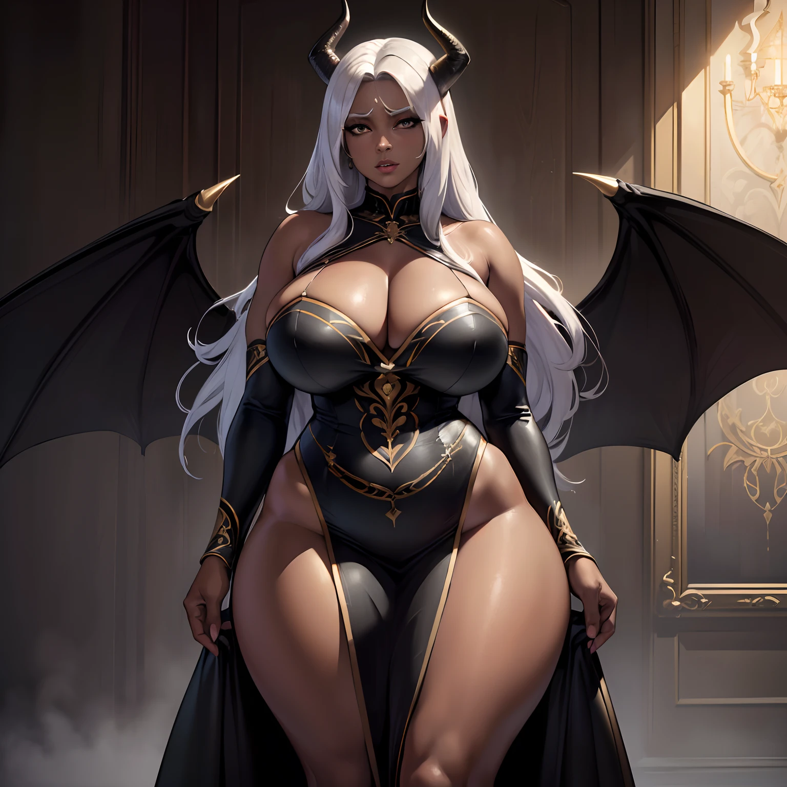 (best quality,4k,8k,highres,masterpiece:1.2), ultra-detailed, (realistic,photorealistic,photo-realistic:1.37), mature ebony-skinned female with long flowing silver hair, wearing a gilded form-fitting dress, curvy, thicc, has large black demon wings, has demonic horns, alluring gaze, portraits