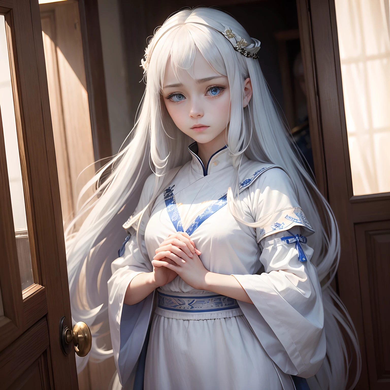 In the background in house, a beautiful girl name is Lisa, 18 year old with blue eyes, long white hair, wearing a white tunic is sad, As emperor, Remembering a person, Panic