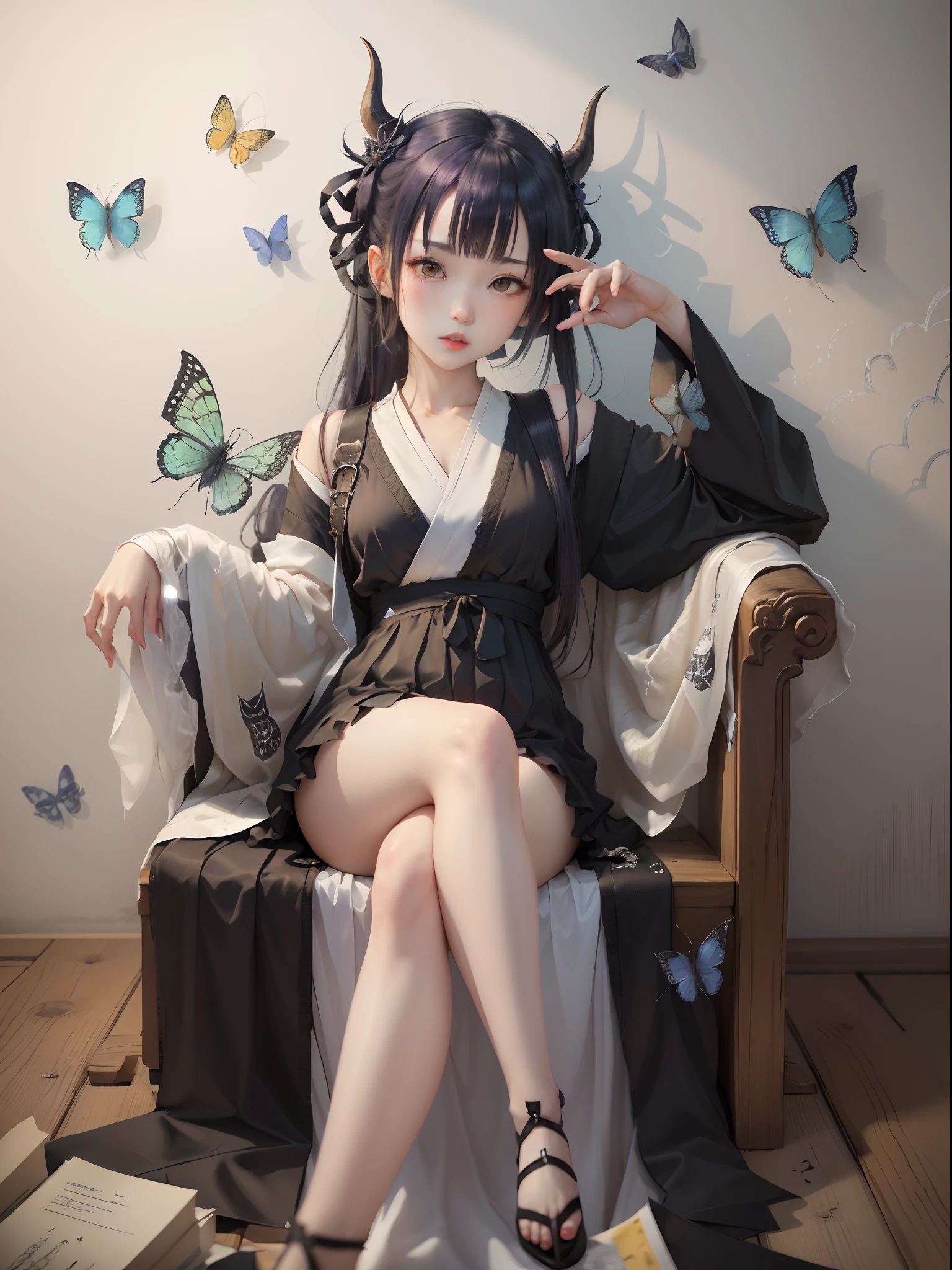 Wall lined with many insect specimens、Sitting in a chair like a demon lord、Girl crossing her legs、Japan anime-style illustrations、Girl is wearing goth loli clothes