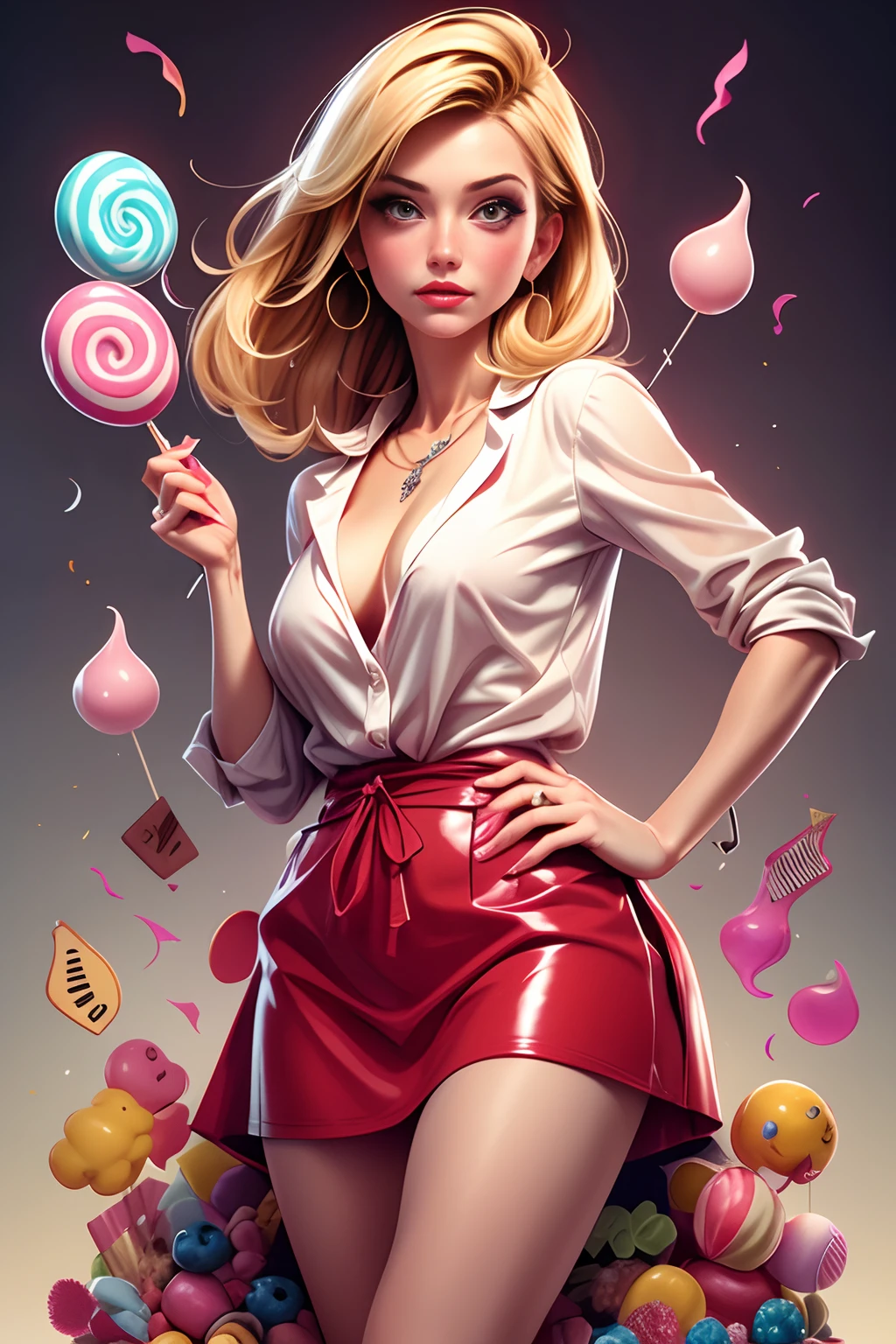 high quality, masterpiece, Cameron Diaz candybar, sour candy, sweets, lollipops, sprinkles, berries, showing clevage, nipple poke,full of candies