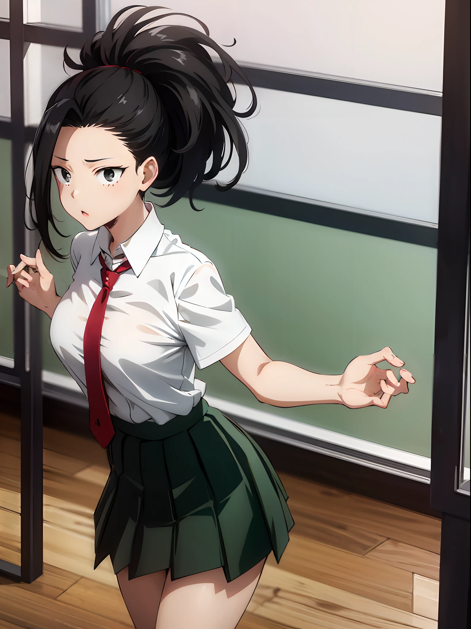 masterpiece, best quality, highres, 1girl, yaoyorozu momo, black hair, ponytail, hair pulled back, black eyes, large breasts, school uniform, white shirt, collared shirt, short sleeves, red necktie, green skirt, standing, cowboy shot, indoors, classroom,