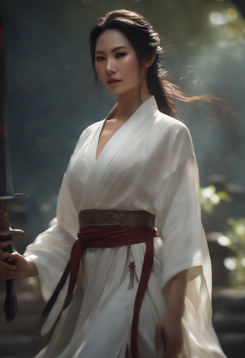 a close up of a woman with a sword in a white dress, a character portrait by Yang J, trending on cgsociety, fantasy art, beautiful character painting, artwork in the style of guweiz, guweiz, white hanfu, flowing white robes, full body wuxia, epic exquisite character art, stunning character art, beautiful female assassin