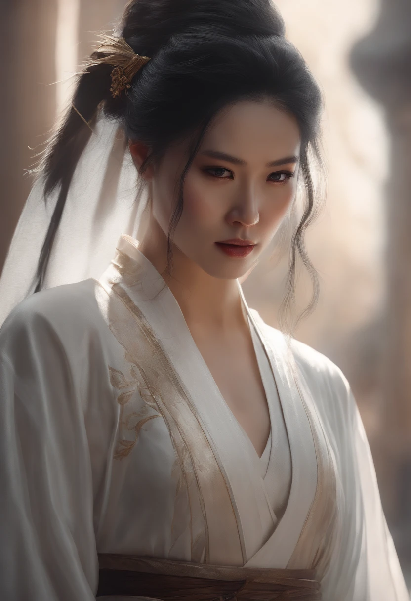 a close up of a woman with a sword in a white dress, a character portrait by Yang J, trending on cgsociety, fantasy art, beautiful character painting, artwork in the style of guweiz, guweiz, white hanfu, flowing white robes, full body wuxia, epic exquisite character art, stunning character art, beautiful female assassin