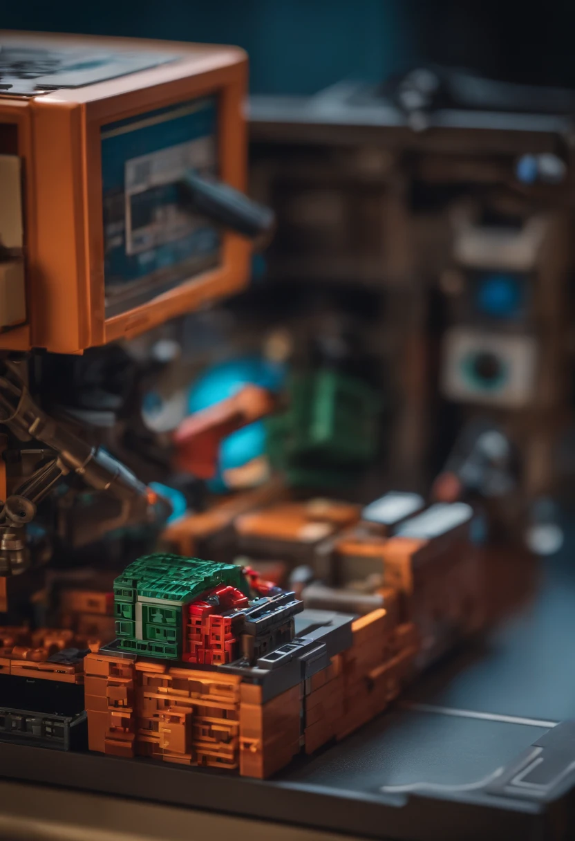 A computer robot putting small bricks inside in box