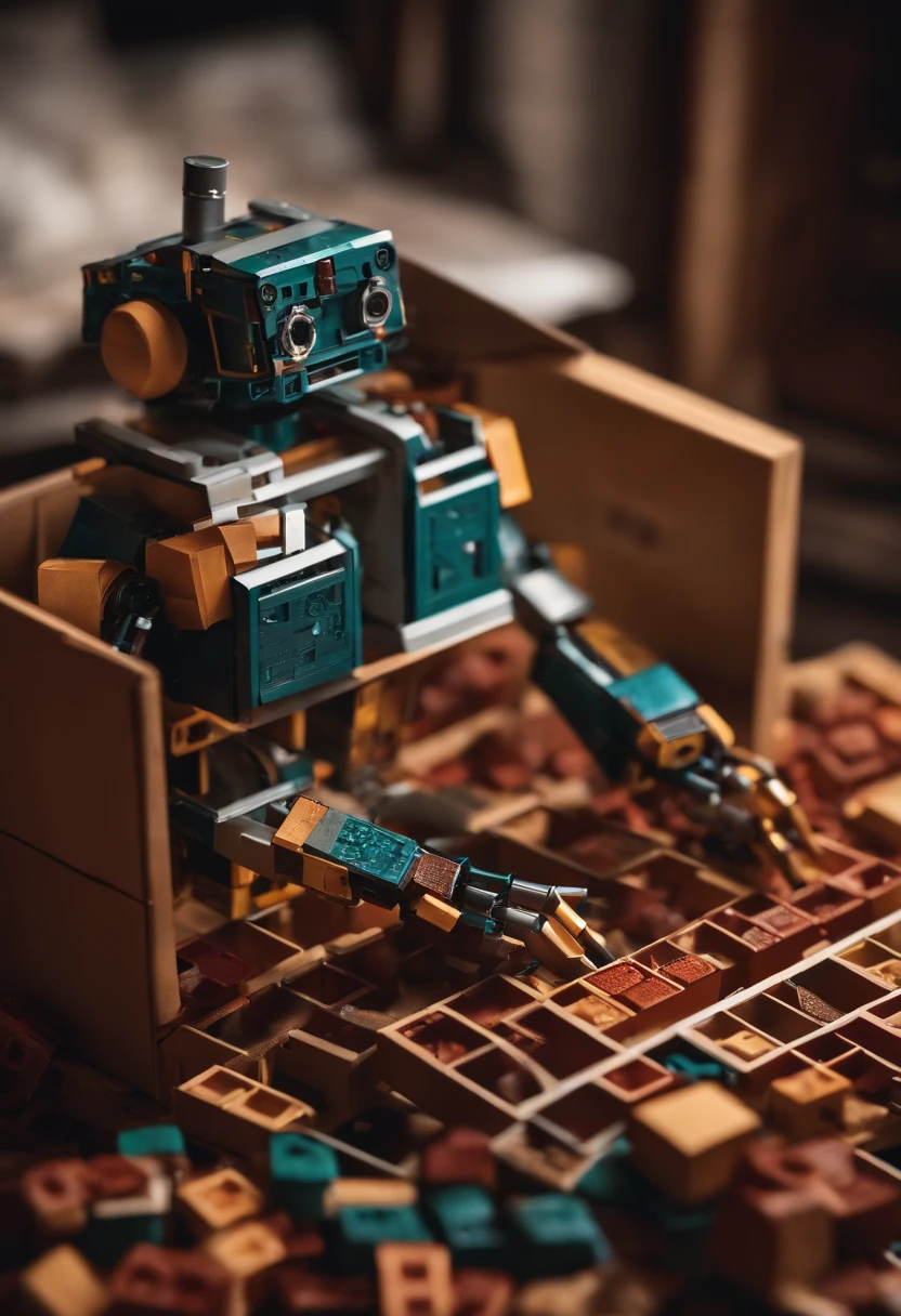 A computer robot putting small bricks inside in box