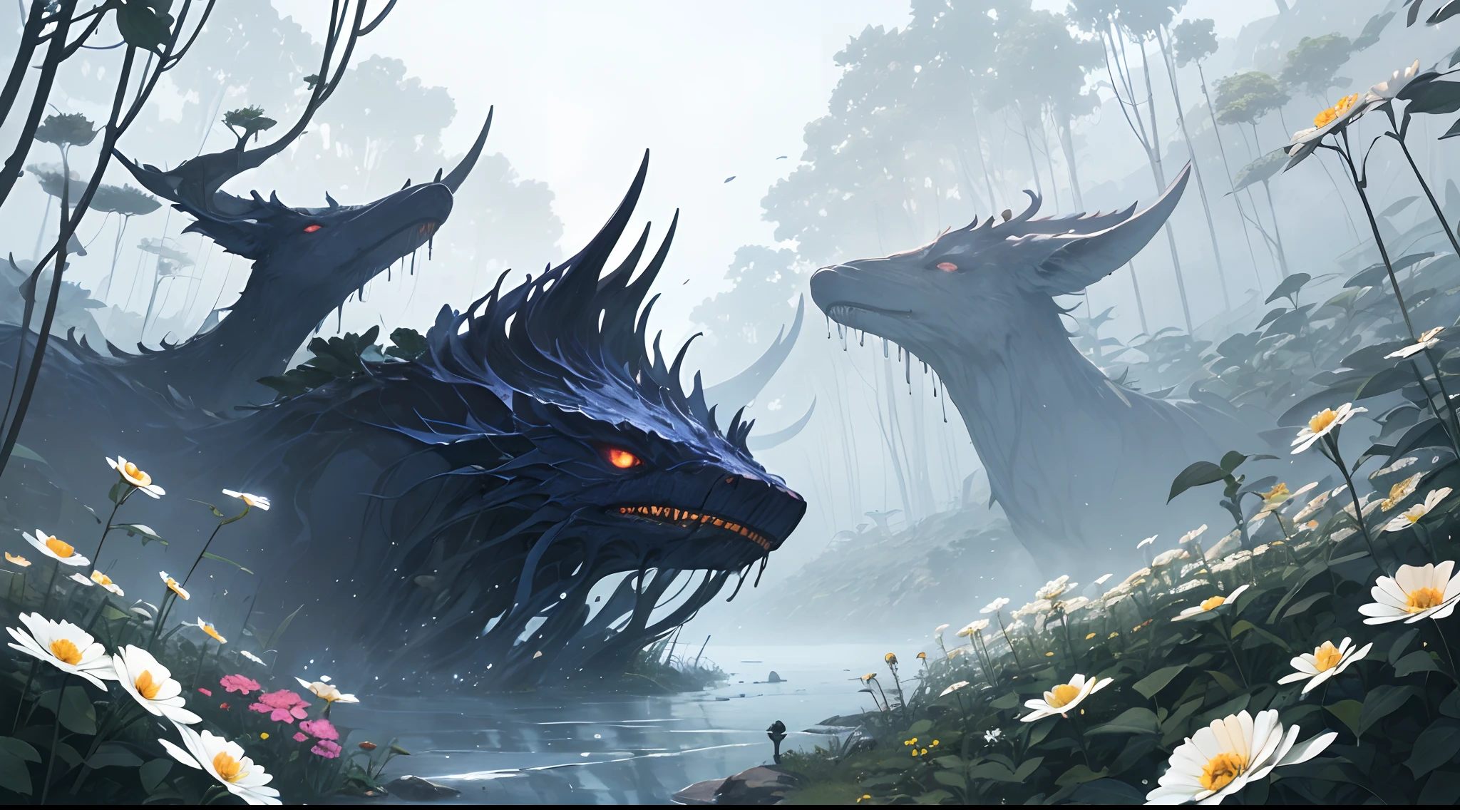 (In a tranquil valley full of exotic flowers and plants:1.45),A lone warrior with ancient knowledge and arcane weapons,to defeat an evil entity,(White background,Color anime style:1.45),Fill with irregular geometric fluid oil,Colored Planet,Splashing nebulae,Giant immortal deer head - whale body - foxtail,An evil entity consisting of flower branches and a deep black swamp,A shady cult summons a terrifying entity from the void between dimensions