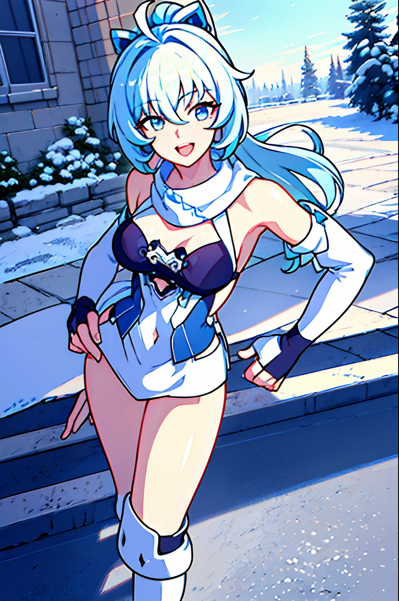 2D, HD, Detailed details, top-quality, ultra-detailed, Highly detailed, masterpiece, best quality, high res, solo, 1girl, white boots, detached sleeves,fingerless gloves,white scarf, outdoors,sunlight,hand on hip,open mouth,smile,standing,cowboy shot,building,winter,snow