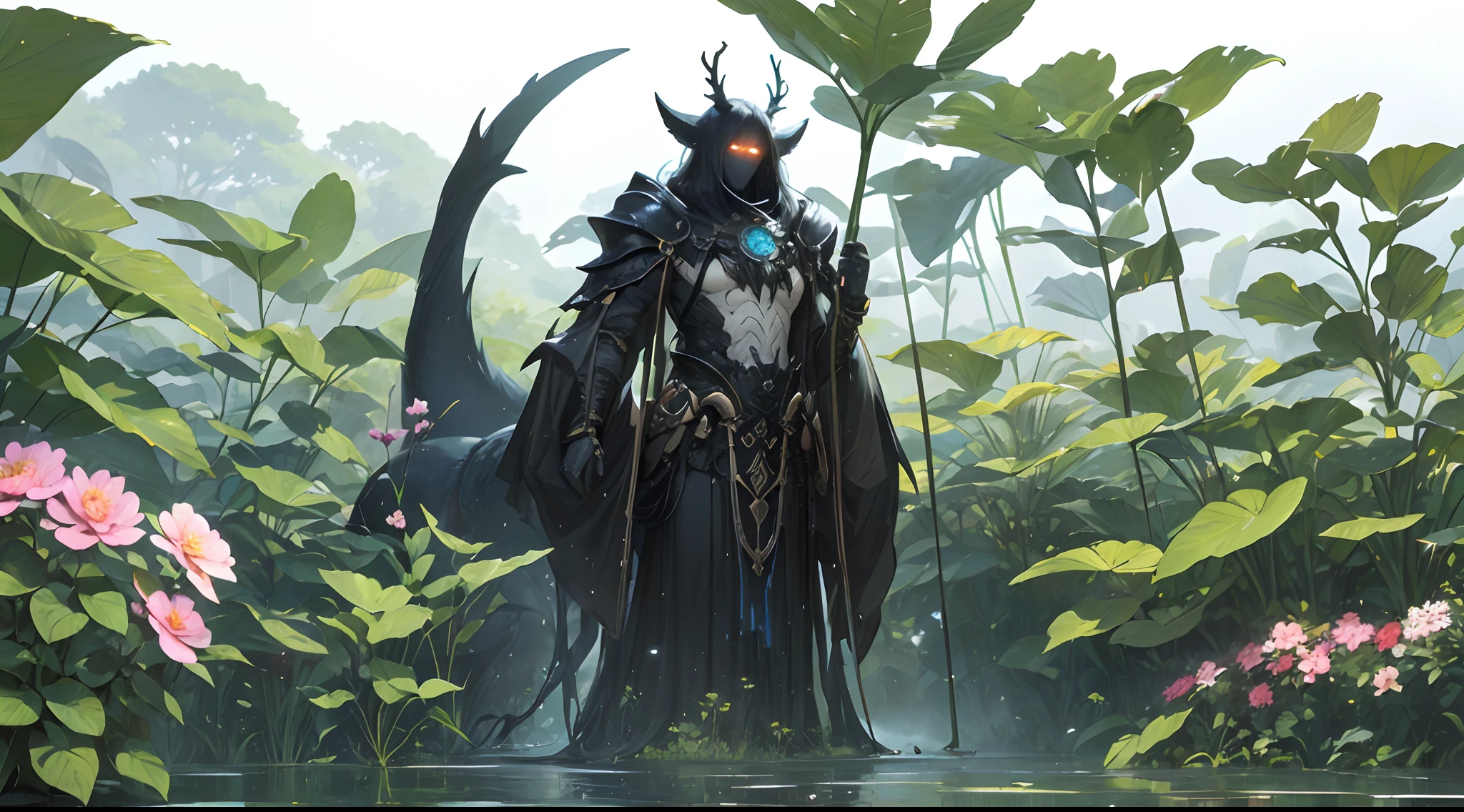 (In a tranquil valley full of exotic flowers and plants:1.45),A lone warrior with ancient knowledge and arcane weapons,to defeat an evil entity,(White background,Color anime style:1.45),Fill with irregular geometric fluid oil,Colored Planet,Splashing nebulae,Giant immortal deer head - whale body - foxtail,An evil entity consisting of flower branches and a deep black swamp,A shady cult summons a terrifying entity from the void between dimensions