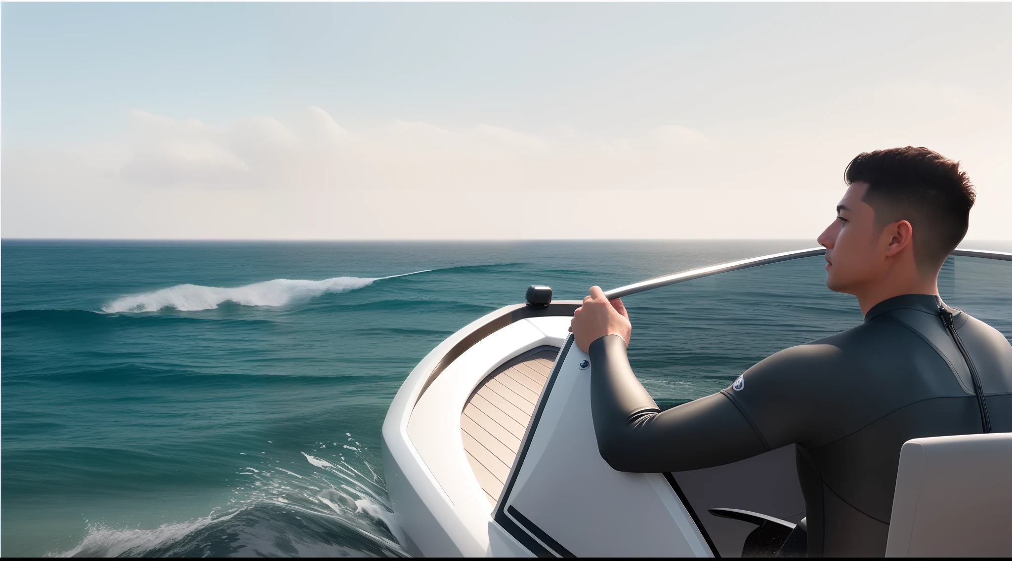 there is a man in a wet suit on a boat looking out at the ocean, concept boat, an iron man concept yacht, octane render, on the ocean, octane render - 8 k, 8k octane render photorealistic, otcean render, octane render. 8 k, octane render. by makoto shinkai, octane render 8 k, epic, master piece, good lighting, exciting waves, exciting sea,