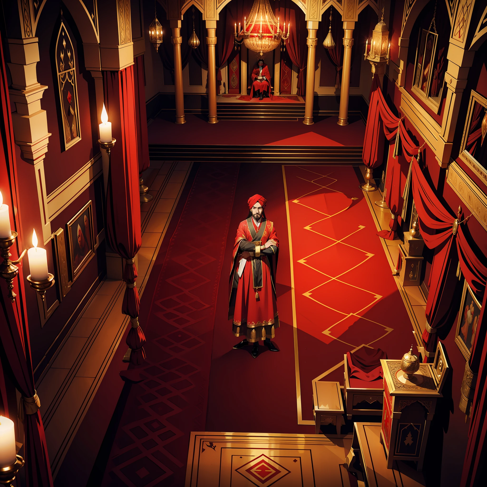 Lord Dracula in these red turbans with Moroccan Islamic outfit Super detailed 15 years in the legendary throne room Accompanied by these consultants 3 people in Moroccan dress View of the stage View of the scene from a 3D camera Three-point shot Bottom view zoom portrait scene