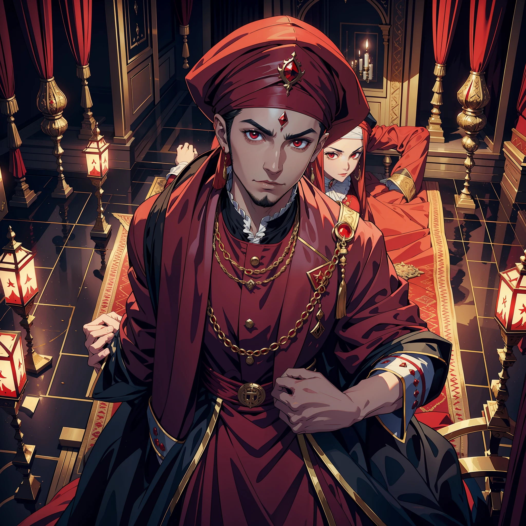Lord Dracula in these red turbans with Moroccan Islamic outfit Super detailed 15 years in the legendary throne room Accompanied by these consultants 3 people in Moroccan dress View of the stage View of the scene from a 3D camera Three-point shot Bottom view zoom portrait scene
