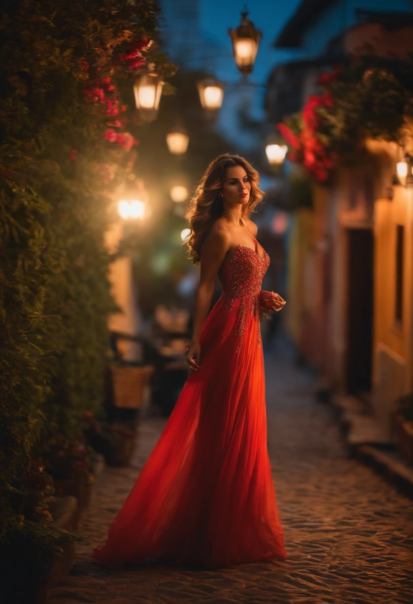 Uma mulher francesa morena sensual, alta de 50 anos, olhar penetrante, corpuda, grande busto, lábios carnudos, dando risada, vestido vermelho, cabelo preto cachos largos, olhos expressivos mel, de pé em uma encruzilhada urbana vazia com velas vermelhas acesas e rosas no chão, de noite com lua cheia