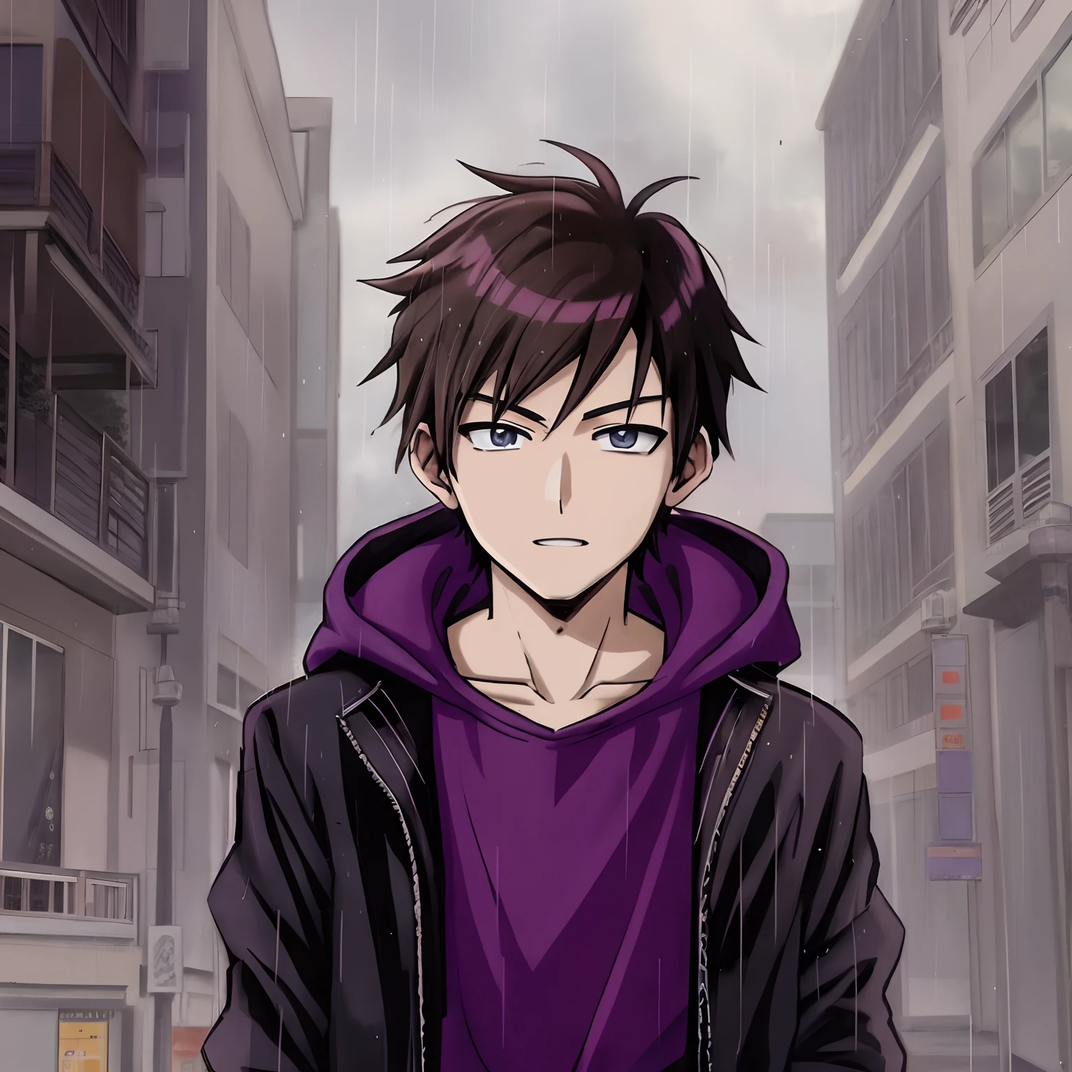 Anime boy in purple hoodie standing in the rain, estilo anime 4K, 4 k manga wallpaper, badass anime 8 k, anime, Epic anime style, estilo anime masculino, Papel de parede anime 4k, jovem homem de anime, Anime Art Wallpaper 8K, arte de anime realista, cenario chuvoso, Gray buildings in the background 4k anime wallpapers, Anime Wallpaper 4k, estilo anime. 8k, em estilo anime