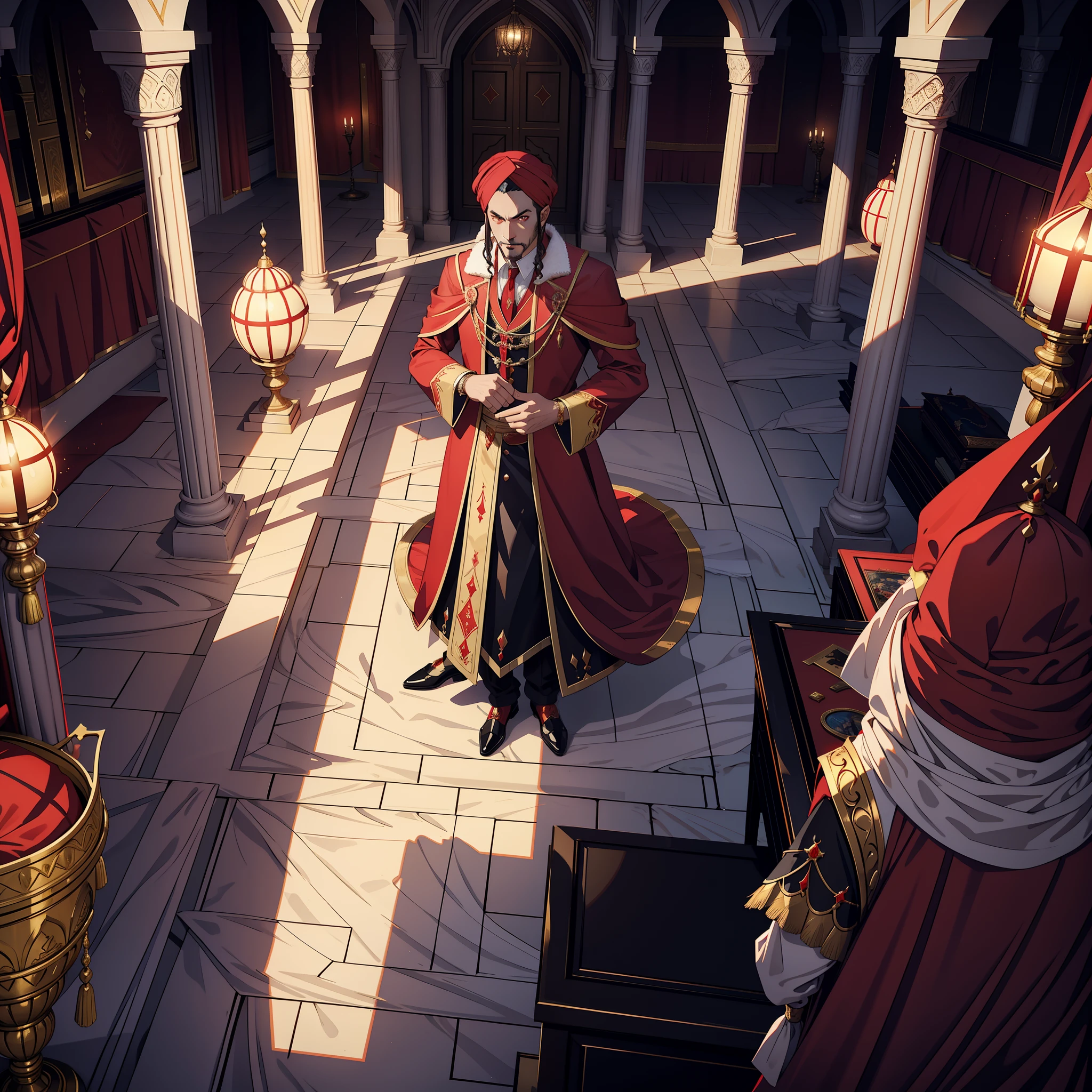 Lord Dracula in these red turbans with Moroccan Islamic outfit Super detailed 15 years in the legendary throne room Accompanied by these consultants 3 people in Moroccan dress View of the stage View of the scene from a 3D camera Three Points Perspective Shot Bottom view zoom scene