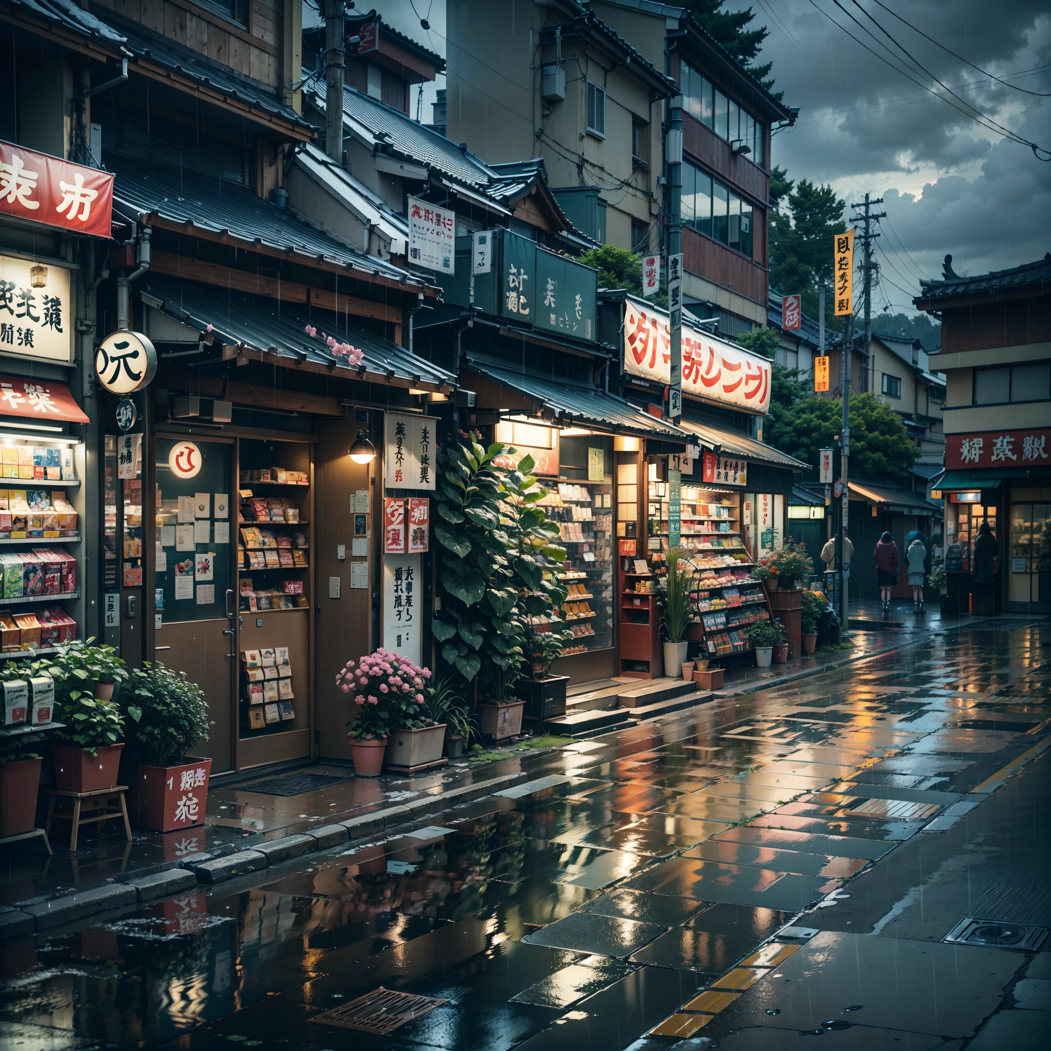 anime background, anime wallpaper, anime, anime style, lofi, lofi style, modern japanese street, modern japanese architecture, japanese convenience store, big retro japanese shop signs, retro japanese store, trees, plants, rocks, plant pots, shop signs, japanese banners, japanese signs, flags, sunrise, rain, raining, heavy rain, dramatic weather, puddles on the floor,  rain falling from the sky, rain drops, empty street, no one in sight, (no one: 1), best quality, rural tokyo