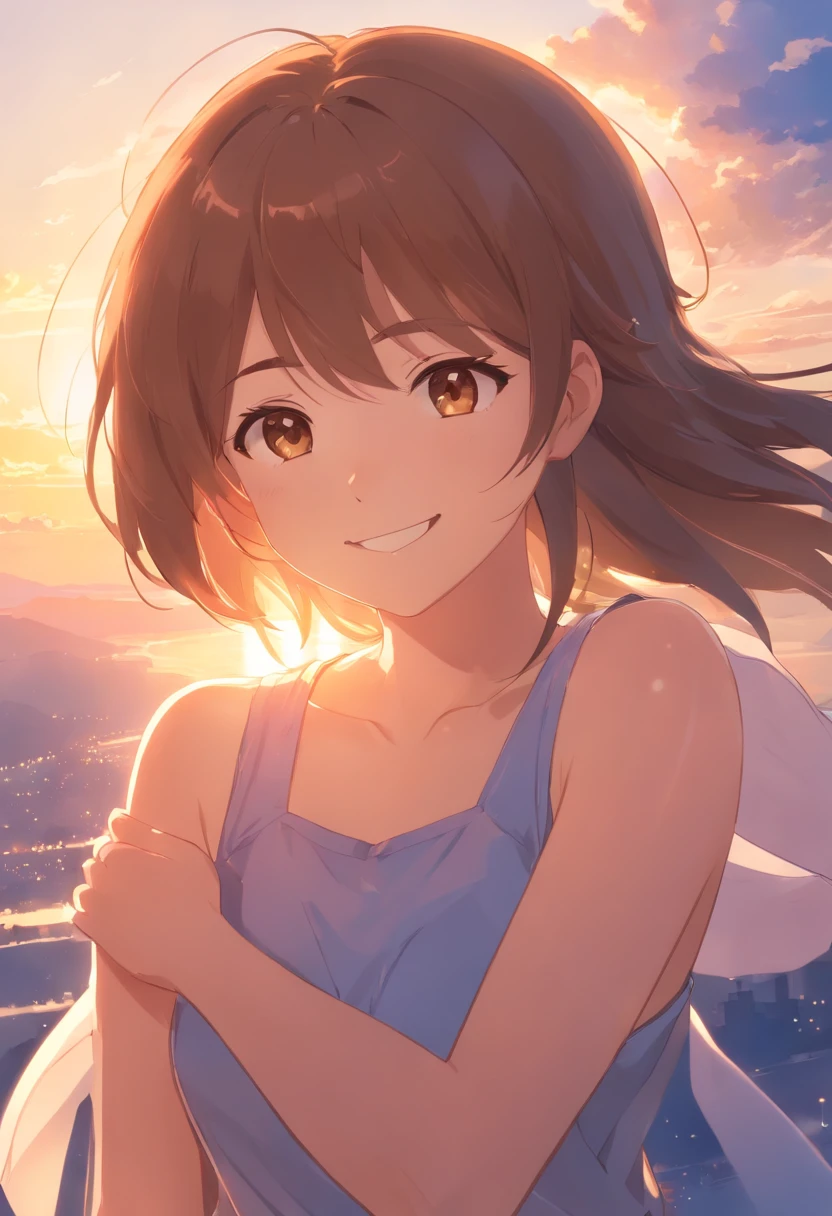 tmasterpiece，best qualtiy，cinematic Film still from，1girll，Cloud Girl，Floating in the sky，closeup cleavage，brightly，cheerfulness，Warm and soft lighting，the sunset，（spark of light：0.7）Positive light，A brown-haired，grin，adolable，Rub the edges，Happy hugs，quadratic element，japanese manga，Makoto Shinkai's masterpiece