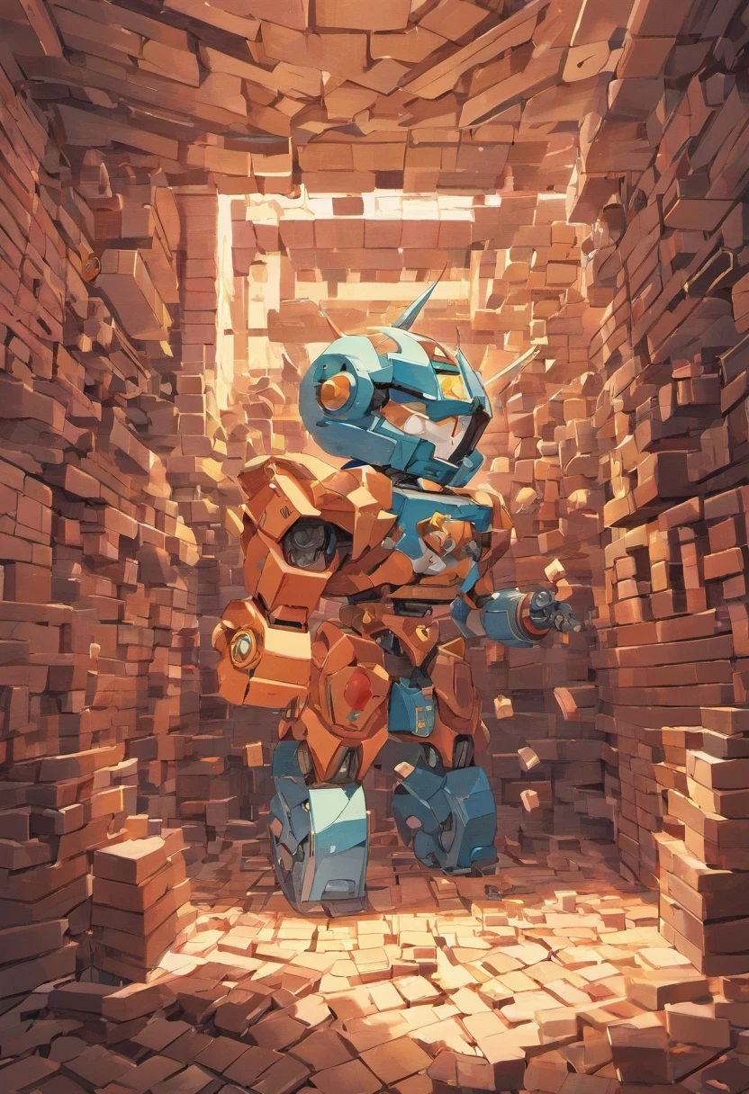 A computer robot putting small bricks inside a box