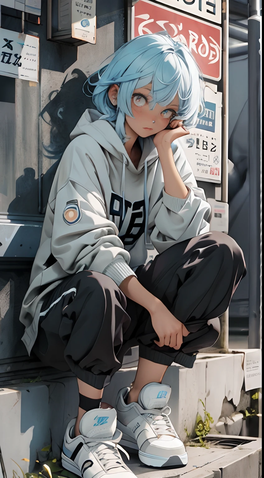 one-girl,light blue hair,gray pupil,Stretch your body,baggy clothes,Black cotton socks,athletic sneakers