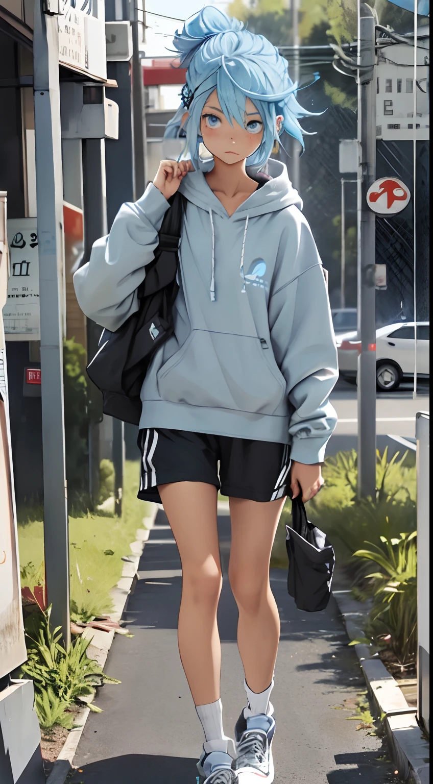 one-girl,light blue hair,gray pupil,Stretch your body,baggy clothes,Black cotton socks,athletic sneakers