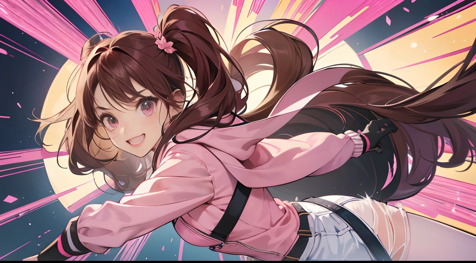 (Best Quality,4K,High resolution), femele, Pink mesh on brown hair、Hair has long twin tails, kawaii eyes,Pink eyes、long lashes、 Smile refreshingly, Hooded pink jacket with intricate décor,Short denim pants、Comical appearance,noisy,Colorful and vibrant background、Fight like a hero、comic strip,animesque,Comical illustration,busy,Deformed cute illustration,Action cartoon-like、Dynamism、attractiveness、Fight the enemy、Battle Scenes