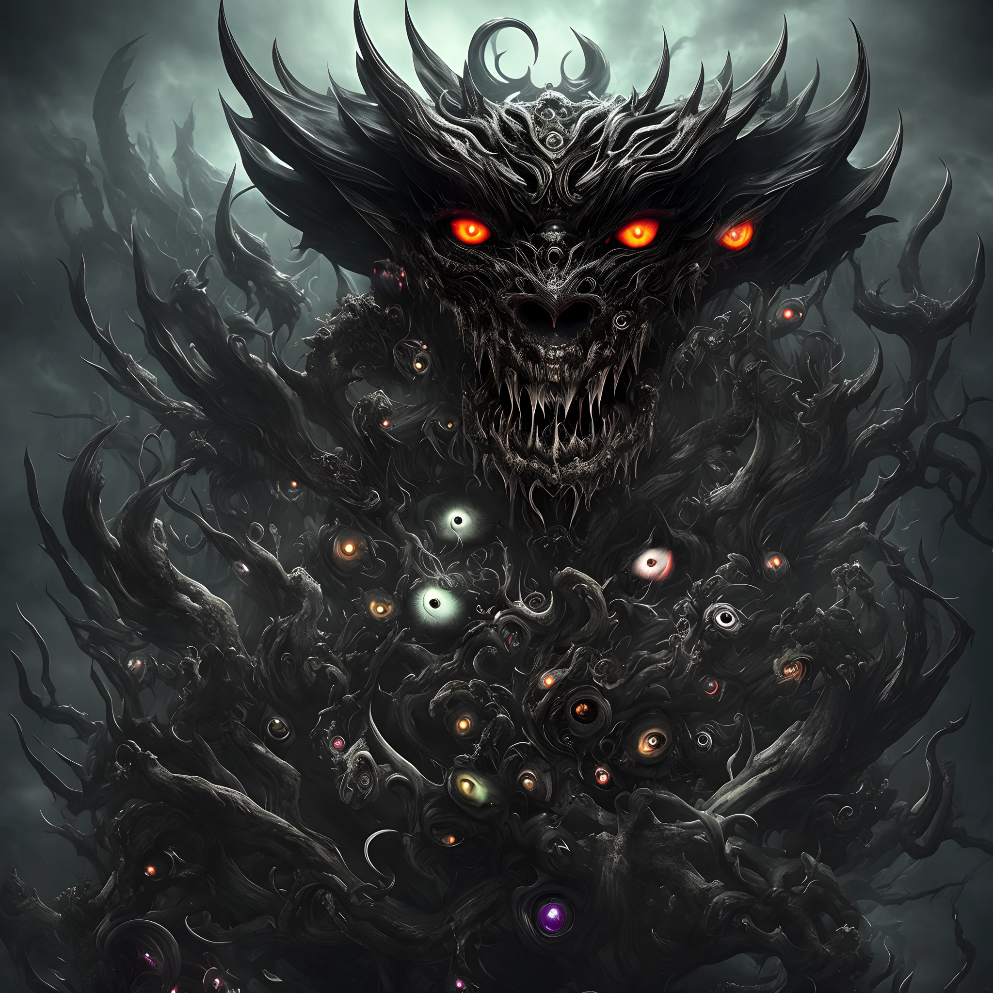 Dark humanoid, cloud-like, evil, twisted, Smokey, otherworldly, evil eyes, sickly patterns, numerous eyes, razor sharp teeth, many limbs, broken, full body, pitch black, tortured spirit, lost soul, dark world, many eyes, rainbow eyes