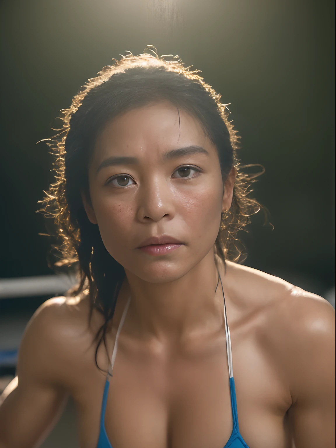 (editorial photograph of a beautiful 42 year old Melanesian woman:1.5), (microbikini:1.5), (highly detailed face:1.5), ((very  face:1.5)), (muscles and abs:1.5), (sitting on the bed:1.2), (background inside light, bright, private bedroom), (8k, uhd, dslr, high quality, cinematic lighting, bokeh), (dramatic, award winning photography, incredible masterpiece:1.3), female fitness model body, masterpiece, ((she is very exhilarated from fighting and defeating a man in bareknuckle boxing:1.5)), (((sweaty:1.4)))