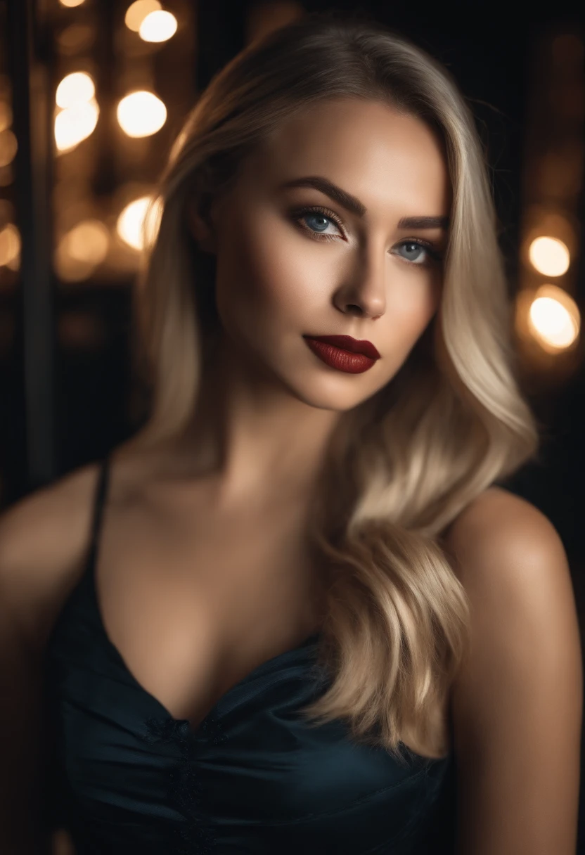 gorgeous woman with long wavy blonde hair, detailed alluring eyes, long sexy legs, wearing tiny shorts, red crop top t-shirt, in a dark room, ((detailed facial features)), (finely detailed skin), pale skin, realistic skin texture, extreme skin details, (pores:0.1), in the background beautiful futuristic cyberpunk city, best quality masterpiece, photorealistic, hyperrealistic, detailed, 8k, HDR, (Soft color: 1.2), shallow depth of field, broad light, high contrast, backlighting, bloom, light sparkles, chromatic aberration, sharp focus, RAW color photo, without background blur,big boobs