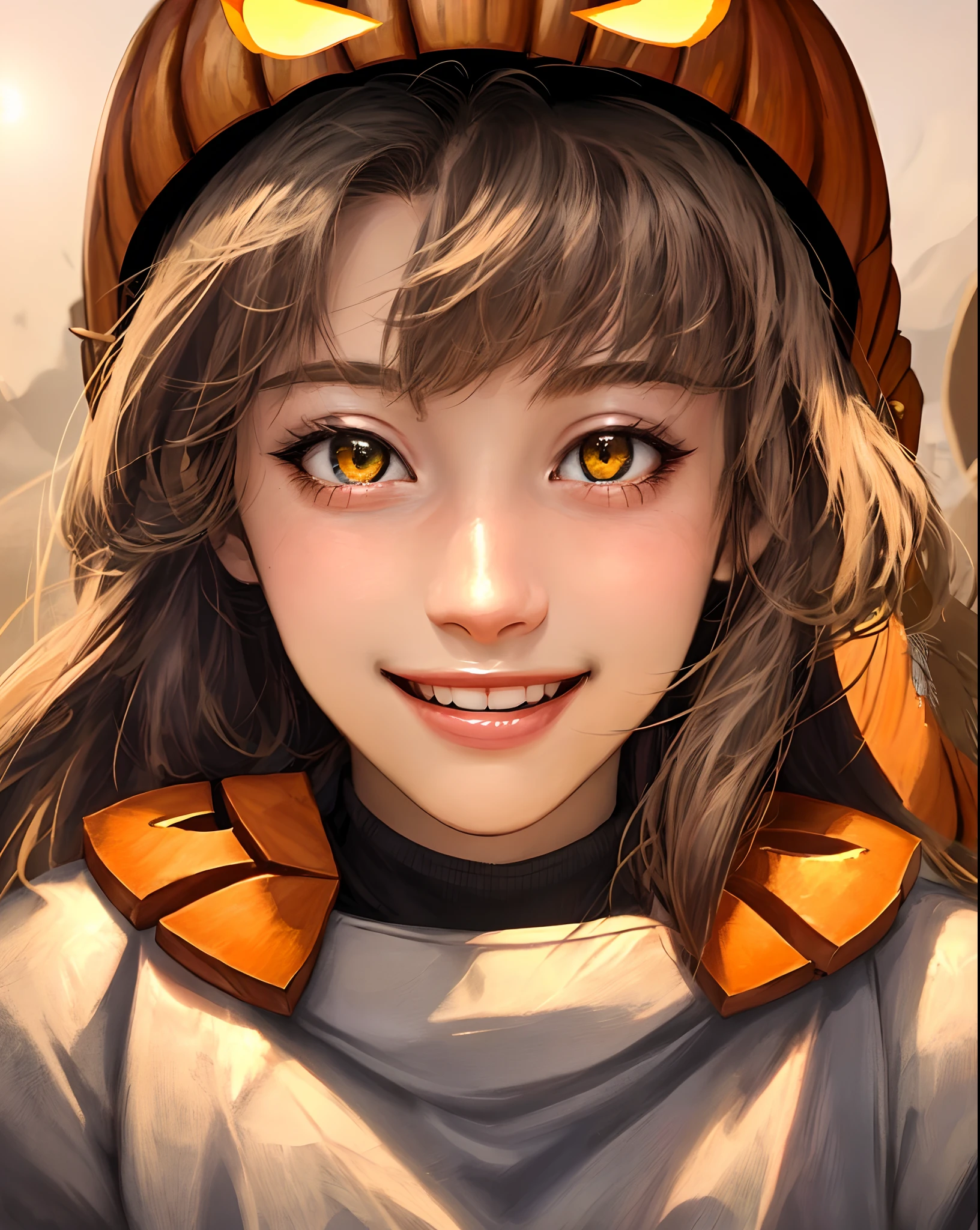 Female soldiers in pumpkin helmets and pumpkin cats are also soldiers, dynamic angle, dynamic pose, close-up, Fine dust reflected in light, light particles, lens flare, smile, fun, Healthy smile, Smiling with shame