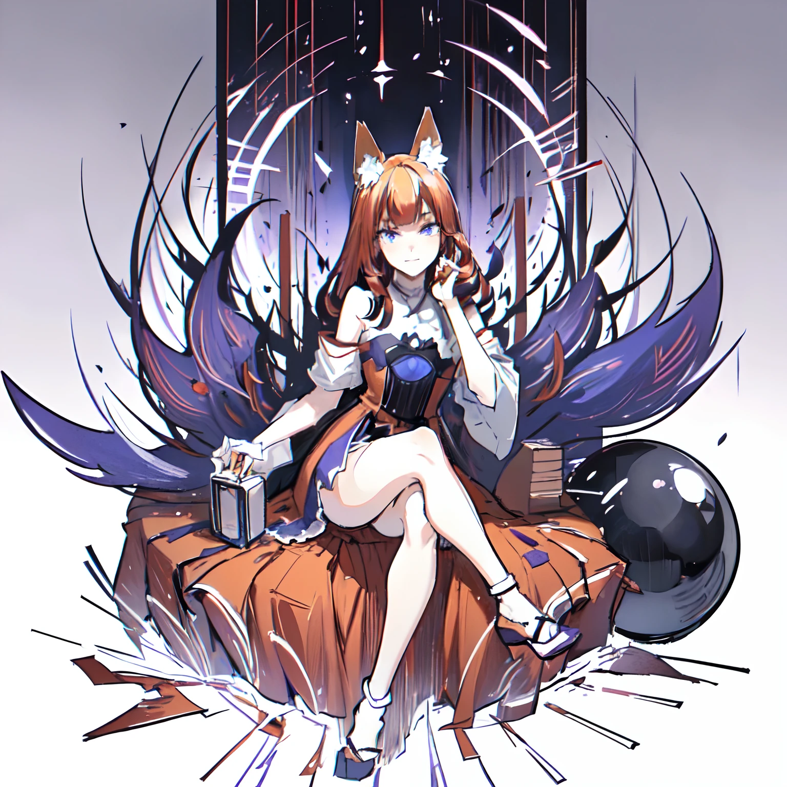 fromt view, (lying on a black sphere), (kitsune woman (red skin), (blue eyes), fox ears (red ears), long hair, inner hair, (red hair), fox tail, (red tail), shy face, light smile, (purple and black clothes), dress whit flounce,