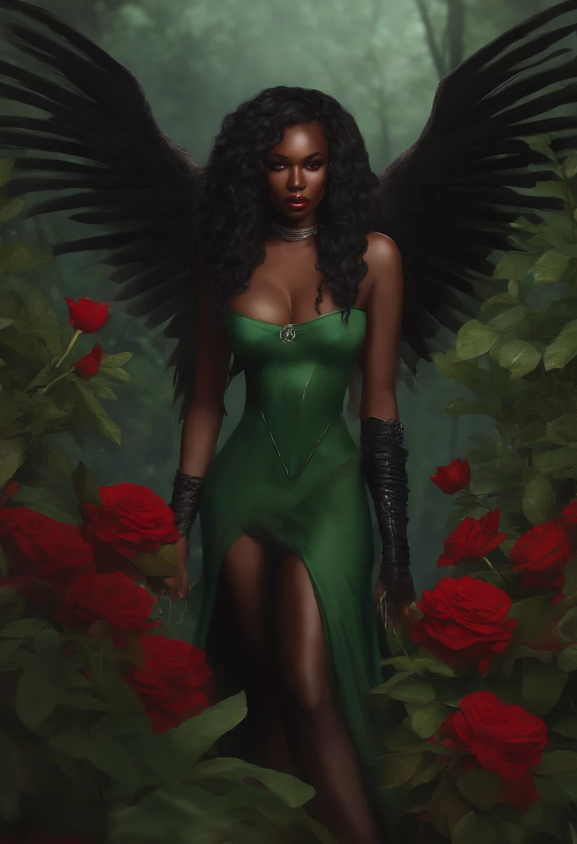 Woman, ebony skinned female with red eyes, silver flowing long hair, a form fitting green dress, wearing thigh high fishnets, wearing thigh high combat boots, thicc, has black demonic wings, has tiefling horns, SOLO, ALONE, (SOLO)(ALONE), ebony skin tone, dark skin tone, beautiful plants and flowers behind her decaying