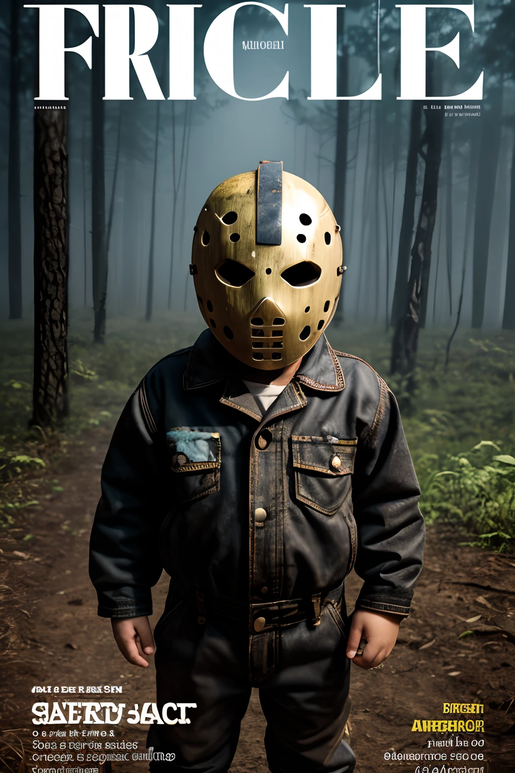 "Create a magazine cover photograph of a 3--old  wearing a dirty and cracked hockey mask, similar to Jason from the 'Friday the 13th' film series. He is dressed in a tattered, grimy mechanic's jumpsuit, heavily stained with red sauce. He is looking at the viewer in a dense, foggy forest illuminated by moonlight, adhering to the rule for intricate details and high-quality composition."