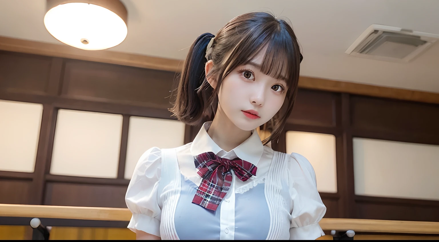 one high school girl、blush、((girls school uniform:1.3))、(white shirt、navy blue blazer、ribbon tie、ruffle it on the school stairs))、Look at the audience and smile、big and full breasts、transparent、thin, High school girl emphasizing her chest、Floral、hairpin、necklace、earrings、lean forward、Depth of written boundary、pointed red mouth、reddish brown wet shiny short hair,red mouth,black eye、clavicle、beautiful fingers、hourglass body、full body portrait、stretch your chest and relax、Her sweaty face is cute、