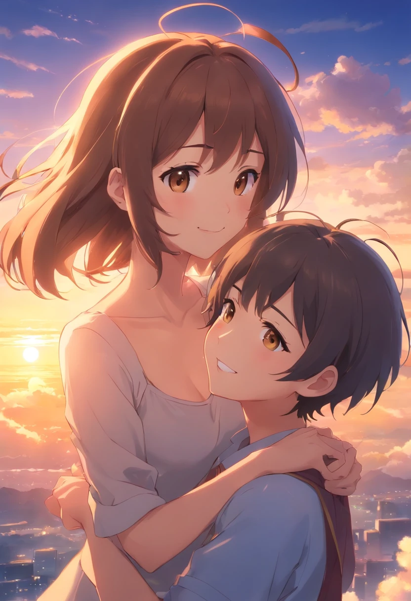 tmasterpiece,best qualtiy,very high res,cinematic Film still from,1girll,Cloud Girl,Floating in the sky,closeup cleavage,brightly,cheerfulness,Warm and soft lighting,the sunset,sparkler,(spark of light:0.7)Positive light,A brown-haired,grin,adolable,Looming body lines,Appropriately sized breasts,Happy hugs,quadratic element,japanese manga,Makoto Shinkai's masterpiece