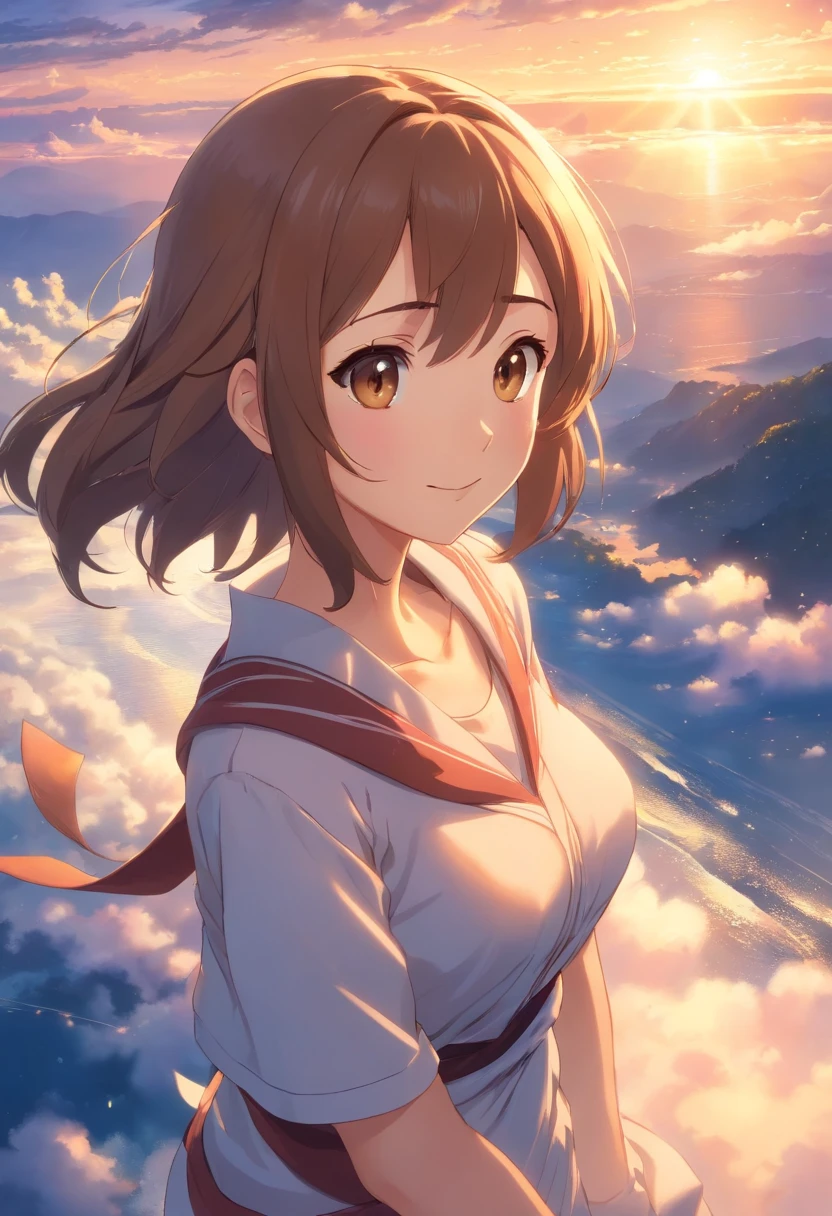 tmasterpiece，best qualtiy，very high res，cinematic Film still from，1girll，Cloud Girl，Floating in the sky，closeup cleavage，brightly，cheerfulness，Warm and soft lighting，the sunset，sparkler，（spark of light：0.7）Positive light，A brown-haired，grin，adolable，Looming body lines，Appropriately sized breasts，Happy hugs，quadratic element，japanese manga，Makoto Shinkai's masterpiece