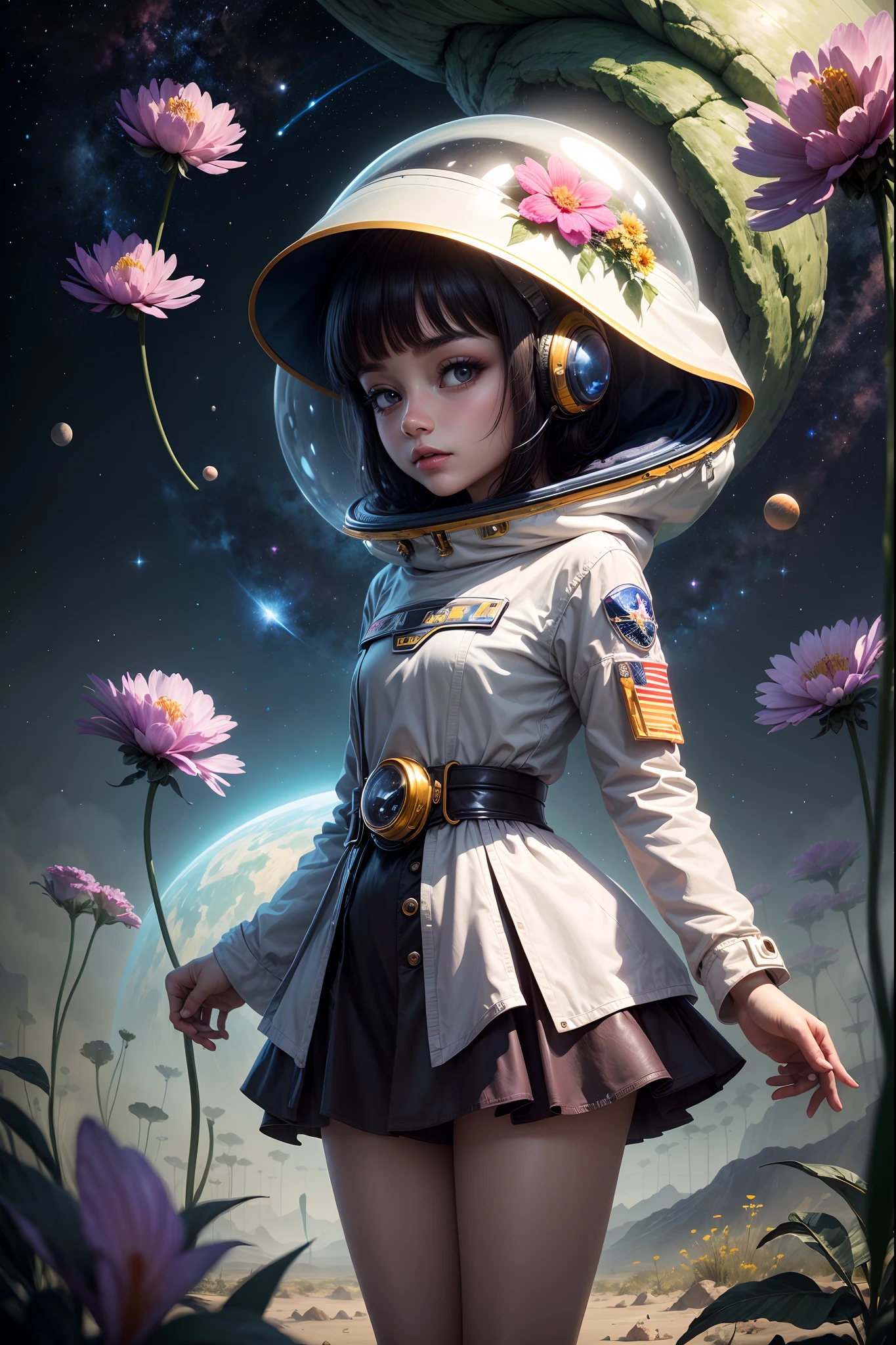 "A detailed painting of a little alien girl dressed as a space ranger, exploring an extraterrestrial landscape adorned with vibrant, otherworldly flowers. Science fiction wonderland, imaginative, space adventure."