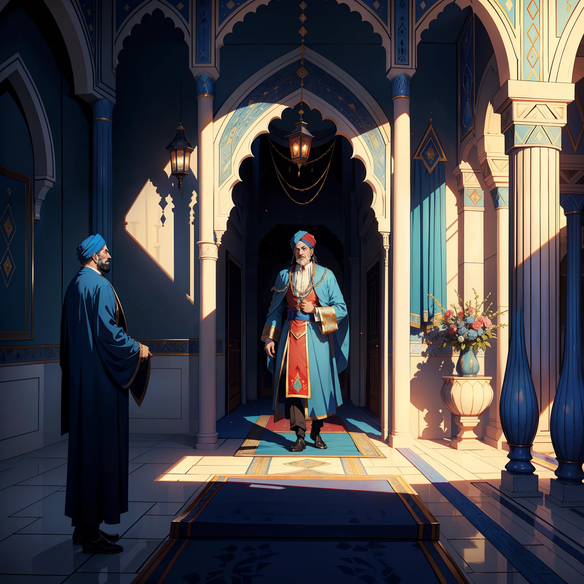 Lord Dracula in these 15 years with his father the sultan old man with blue islamic turban blue islamic moroccan wear jelaba taking to each other in the throne room hyper realistic moroccan environment super detailed centerpiece
