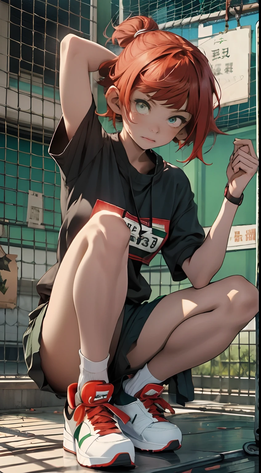 one-girl，red short  hair，green pupil，Stretch your body，baggy clothes，Black cotton socks，athletic sneakers