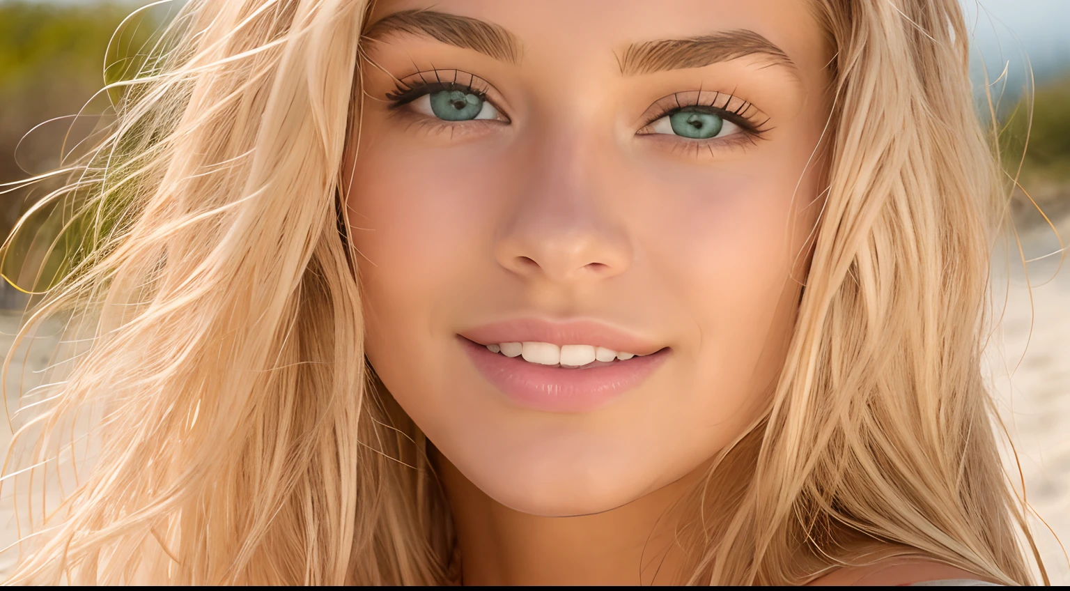 Hailey Olivia Smith, 1 Girl 18 years old, long hair, looking at viewer, blonde hair, green eyes, full entire body, bikini, full body pic, not much clothes, lips, realistic, nose, flirting with the camera, at the beach (4k photo:1.1) by (Jeremy Lipking:0.3), (Dittmann Anna:0.3), (Arian Mark:0.3), (Sharp focus:1.3), high detail, beautiful detailed face, beautiful detailed mouth, beautiful detailed eyes, beautiful detailed nose, hazel eyes, long blonde hair, (attractive young woman:1.3), (seductive:1.1), (smiling:1.1), (blushing:1.1), hourglass body shape