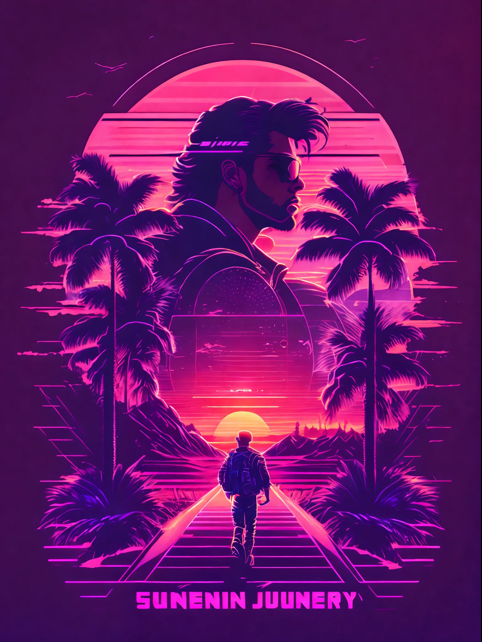 ((Best quality),(Masterpiece),(Amazing detail),illustration,high resolution,tshirt design, rzminjourney, vector-art,synthwave style,sunset,palm,Grid ground,outrun style,dreamy,future style,Digital art