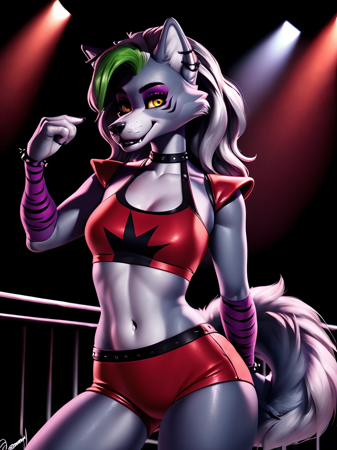 by Personalami, Fnafroxanne, FNAF, Roxanne Wolf, animatronic, female, (detailed), view of the viewer, solo, 1 girl, high resolution, photorealistic, yellow eyes, conceited-looking, ((clear structural details)), detailed realism, slim, hard, 4k, excellent quality, high details, detailed fur, ((correct tail position)), (seductive), cenematic lighting, disco, club, party, spotlight, naked