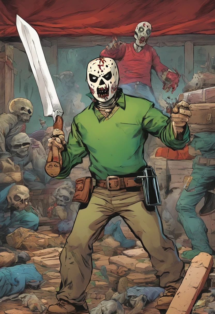 Zombie serial killer in an American hokie mask Jason Voorhees walked with a machete in the direction of nightmare serial killer Freddy Kruguer in a red-and-green striped sweater and a glove with four knives on his fingers in another vignette in which Freddy hides behind a shelf of an oxygen tank In another vignette, Freddyes uses oxygen tanks as missiles and hits Jason