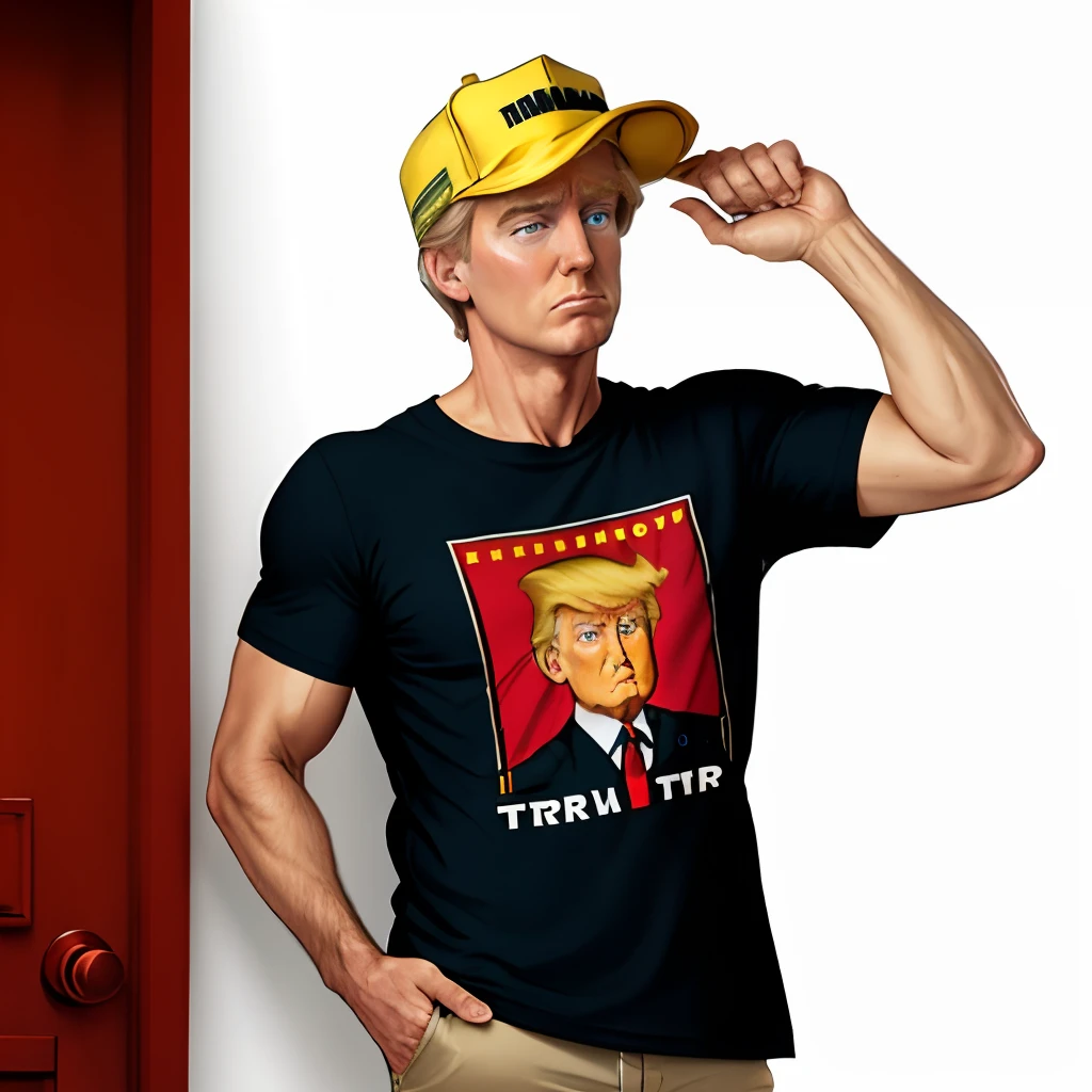 Cartoon trump holding up a T-shirt that he is selling