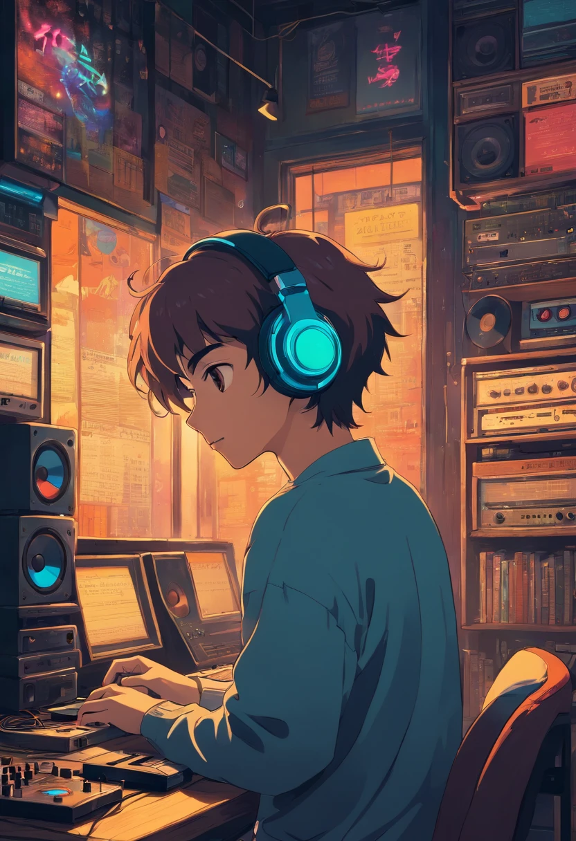 Photo of a man listening to music wearing headphones, Text why you, Super detail, Vintage wave, Cyberpunk, Sad atmosphere, Luminous light through the windows, nighttime scene, One bedroom, 2D, (shot from afar), Wide shot, (Noise from the film), Old cartoons, (Many records: 1.3), Vinyl record store, (Masterpiece, Very high quality, Very high quality, offcial art, Beautiful and aesthetic: 1.2), (Very detailed, (Fractal art: 1.4 ), guitar, (Notes: 1.4), (Lo-fi hip-hop), Side view, Old anime textures, Alone, speakers, Cyberpunk, Vinyl, Night