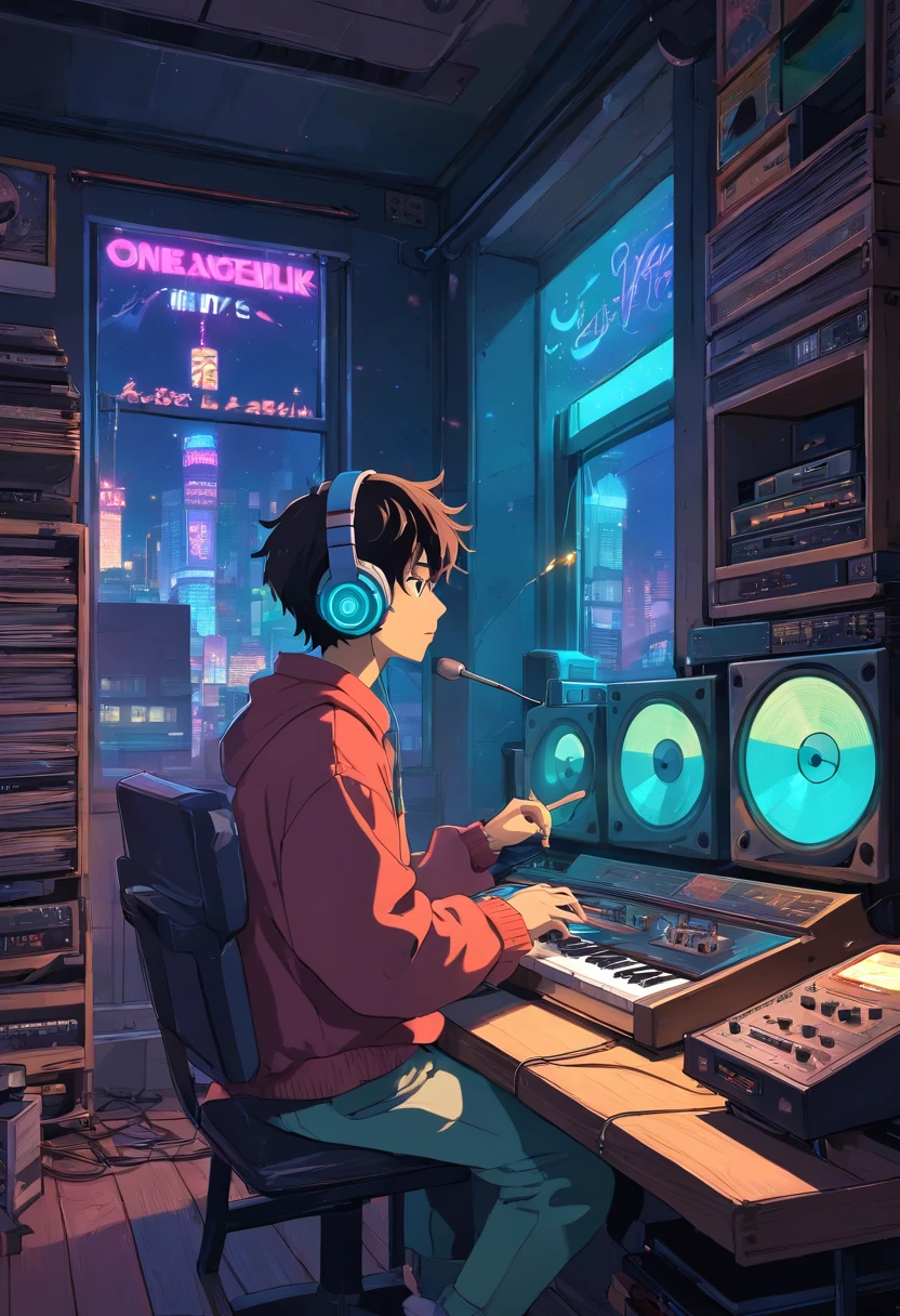 Photo of a man listening to music wearing headphones, Text why you, Super detail, Vintage wave, Cyberpunk, Sad atmosphere, Luminous light through the windows, nighttime scene, One bedroom, 2D, (shot from afar), Wide shot, (Noise from the film), Old cartoons, (Many records: 1.3), Vinyl record store, (Masterpiece, Very high quality, Very high quality, offcial art, Beautiful and aesthetic: 1.2), (Very detailed, (Fractal art: 1.4 ), guitar, (Notes: 1.4), (Lo-fi hip-hop), Side view, Old anime textures, Alone, speakers, Cyberpunk, Vinyl, Night