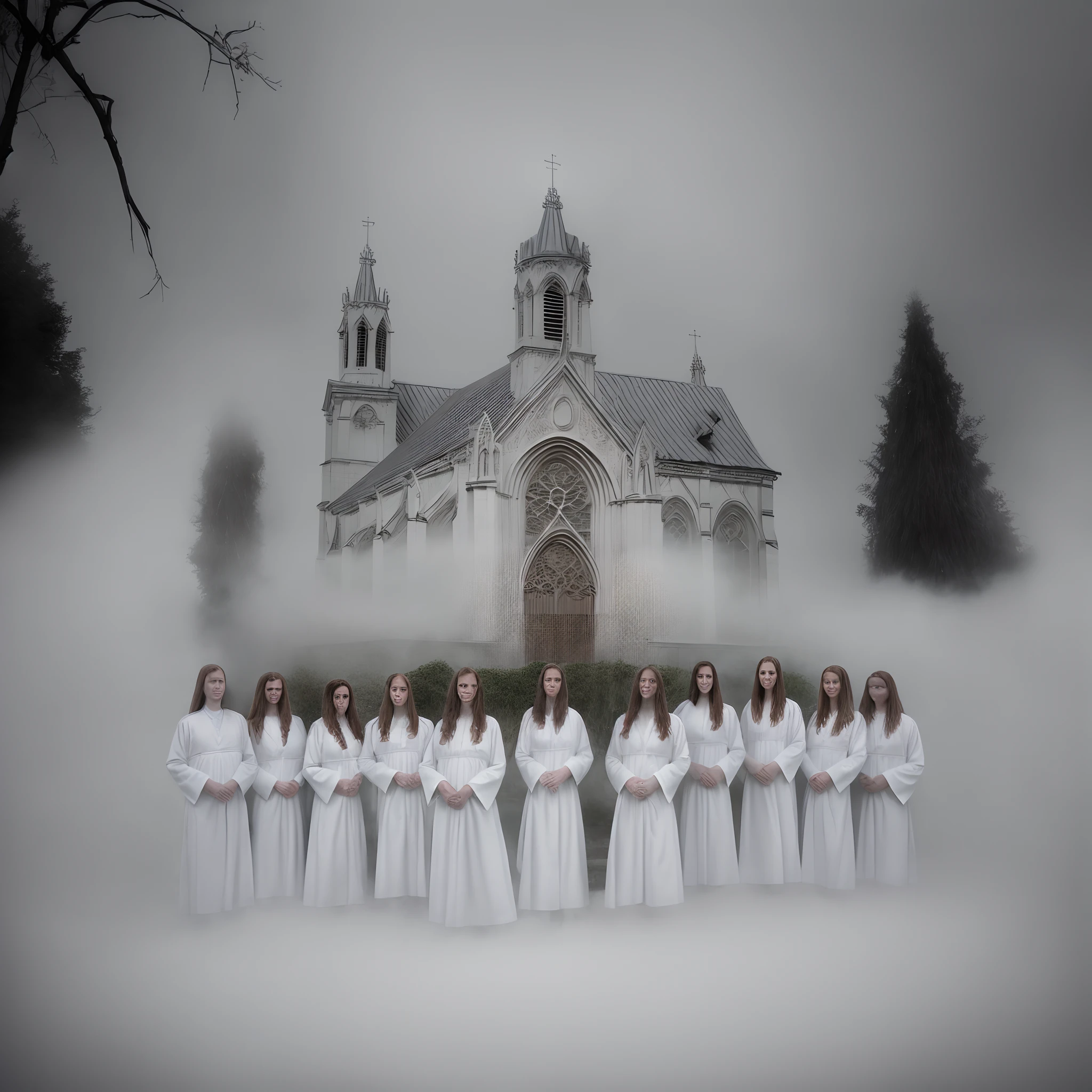 Professional conceptual photo of a group of girls in white christening robes standing in front of a gothic church. Fog, decadence, Nietzscheanism, chilling horror. Highly detailed, highly detailed photography, DSLR, clarity. photography, the best photographer in the world, clearly defined faces.