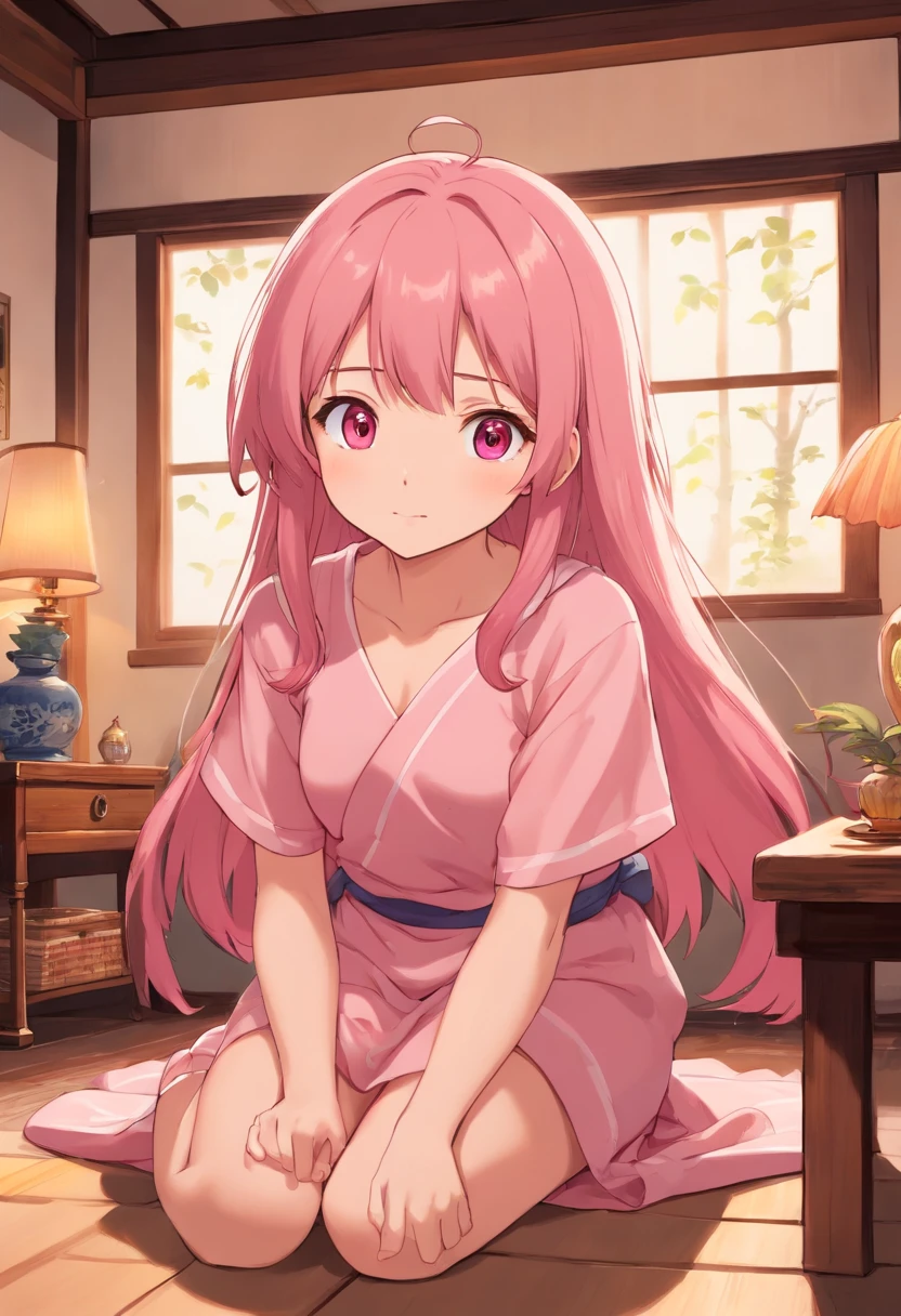 una chica kawaii con pelo largo (rosa claro), ojos lindos (Celestes claros), Shy and tender expression, In a traditional Japanese room, sentada en una mesa, Facing the camera, perspectiva abajo, mostrando sus pies, desnuda, Clear ambience